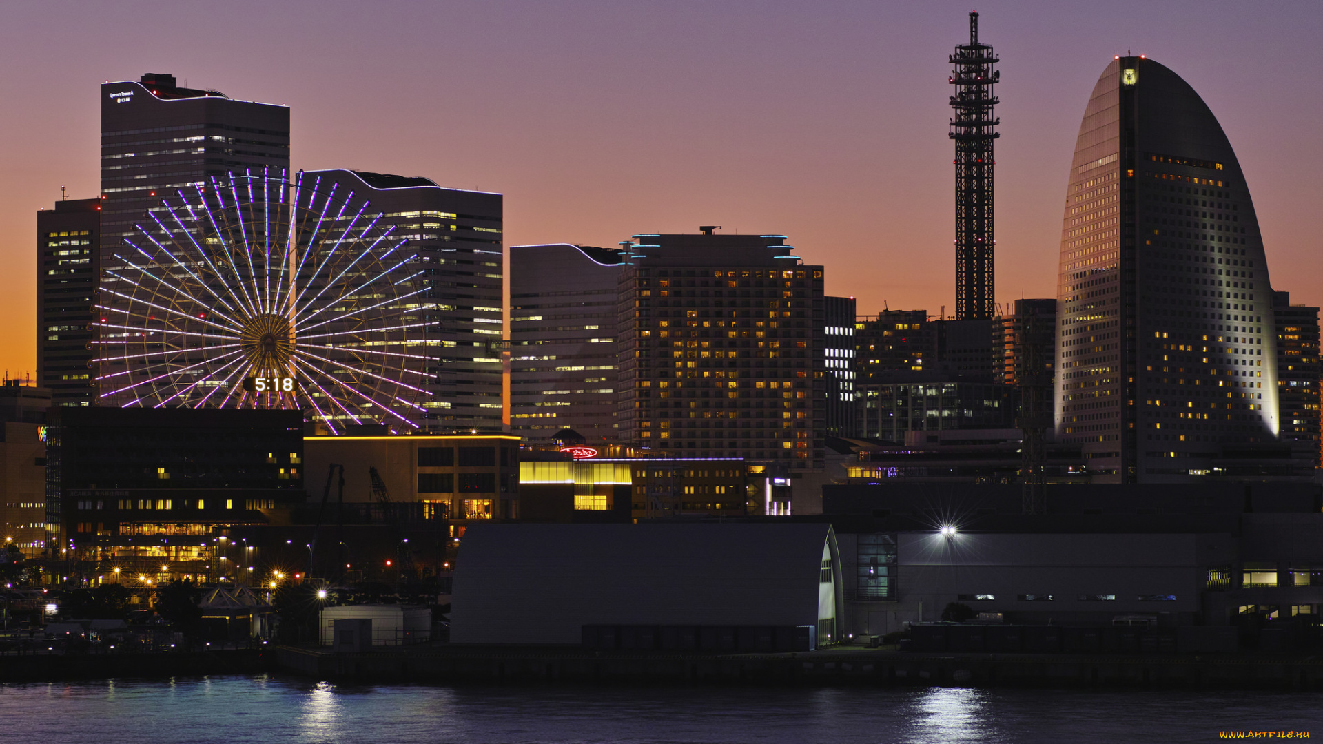 города, -, огни, ночного, города, огни, вода, ночь, город, takaten, здания