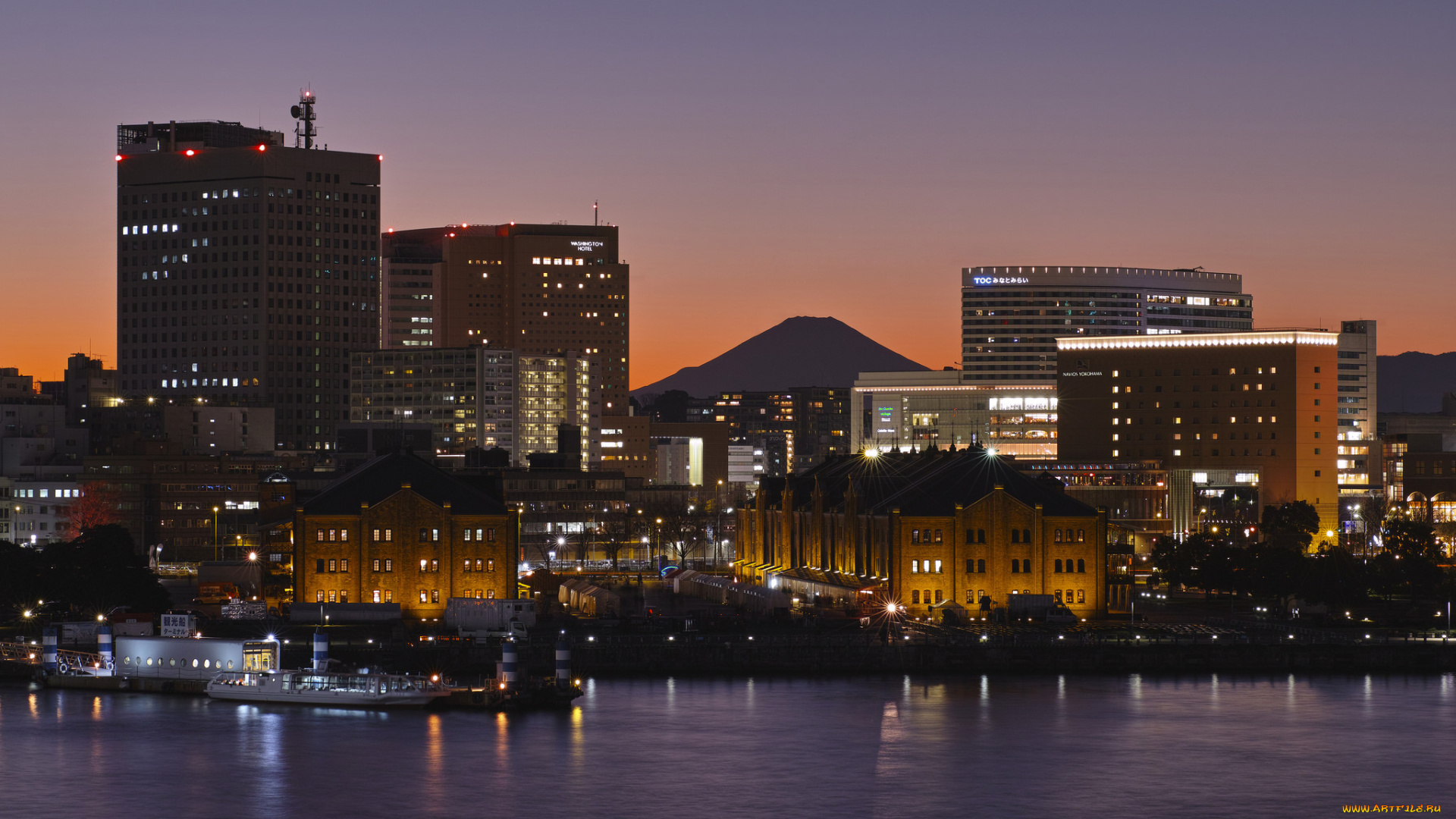 города, -, огни, ночного, города, takaten, город, ночь, вода, огни, здания