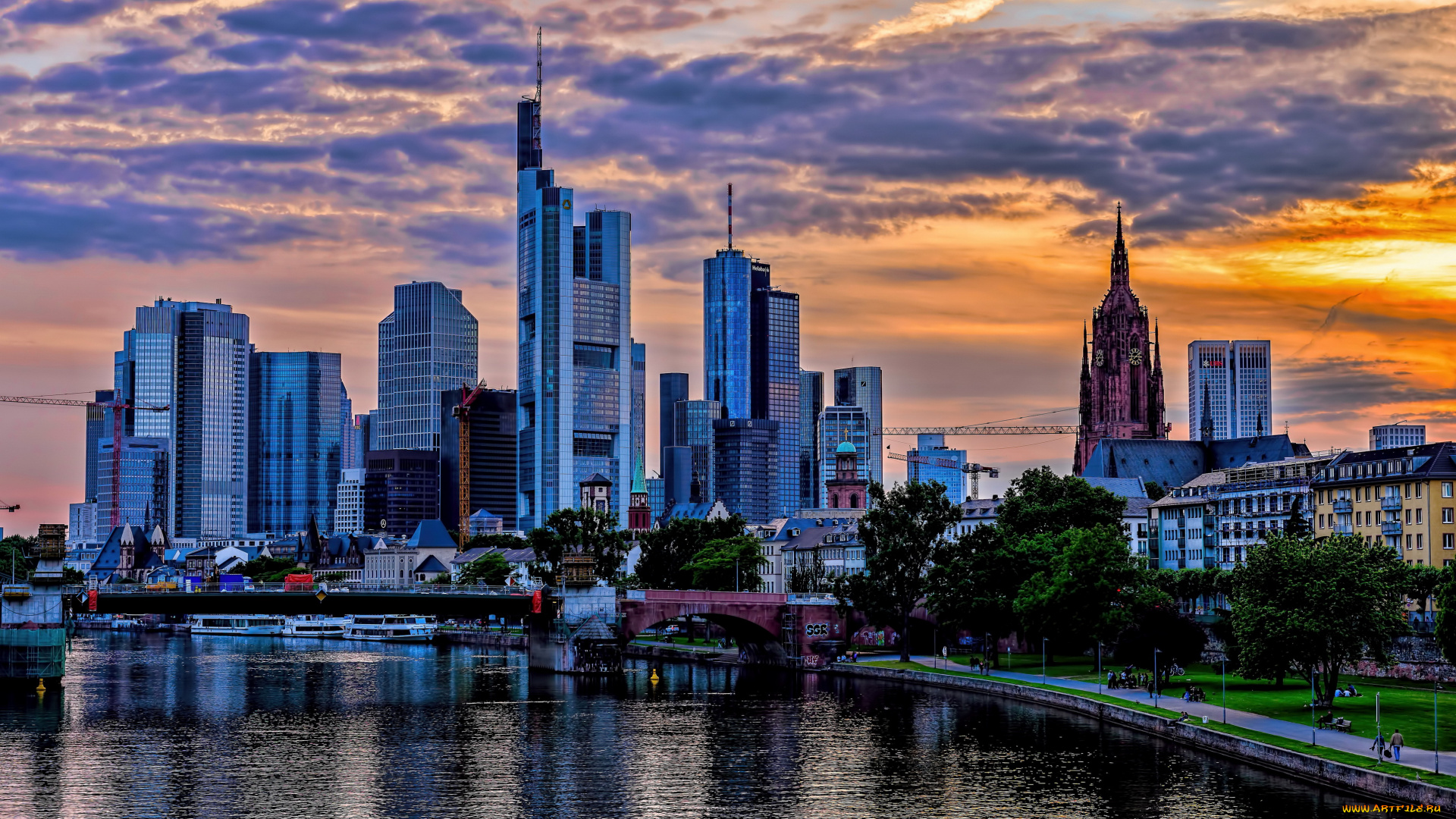 города, франкфурт-на-майне, , германия, frankfurt, ночь, река, дома