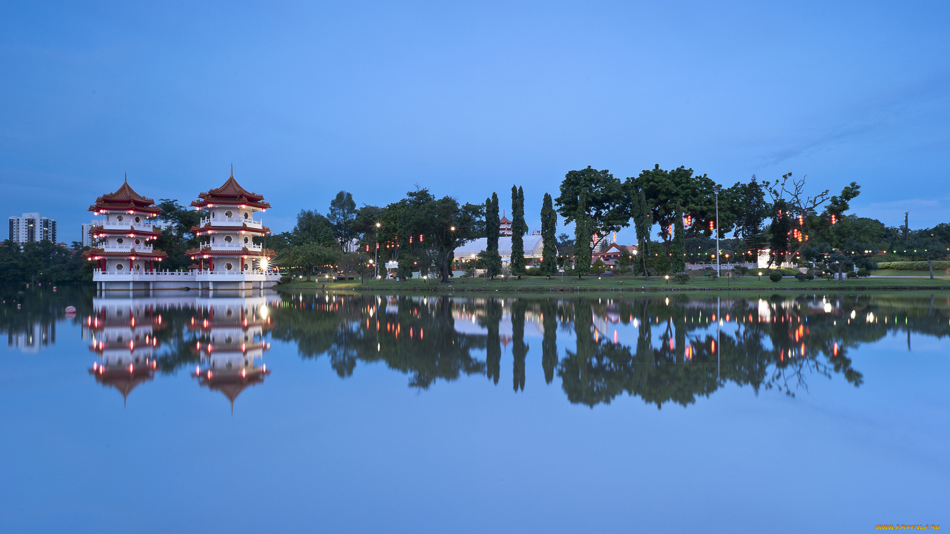 города, сингапур, , сингапур, отражение, небо, озеро, деревья, архитектура, вечер, синее, китайский, сад, singapore, город-государство, chinese, garden