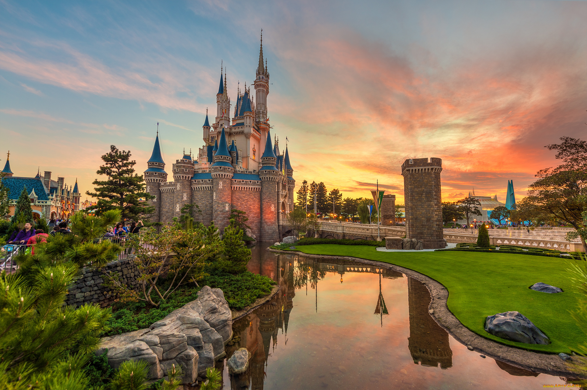 cinderella, castle, sunset, города, диснейленд, замок, башни, стены