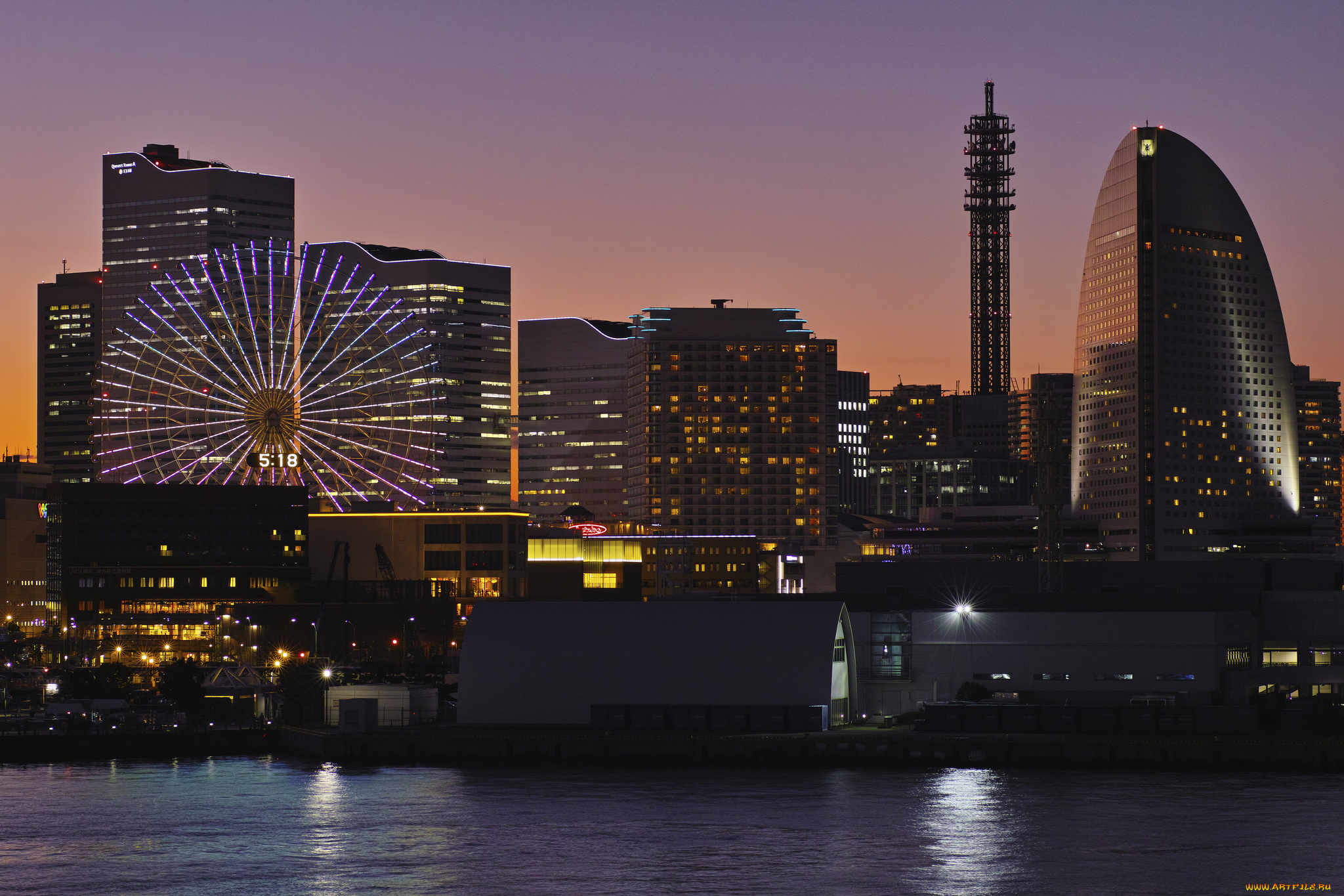 города, -, огни, ночного, города, огни, вода, ночь, город, takaten, здания