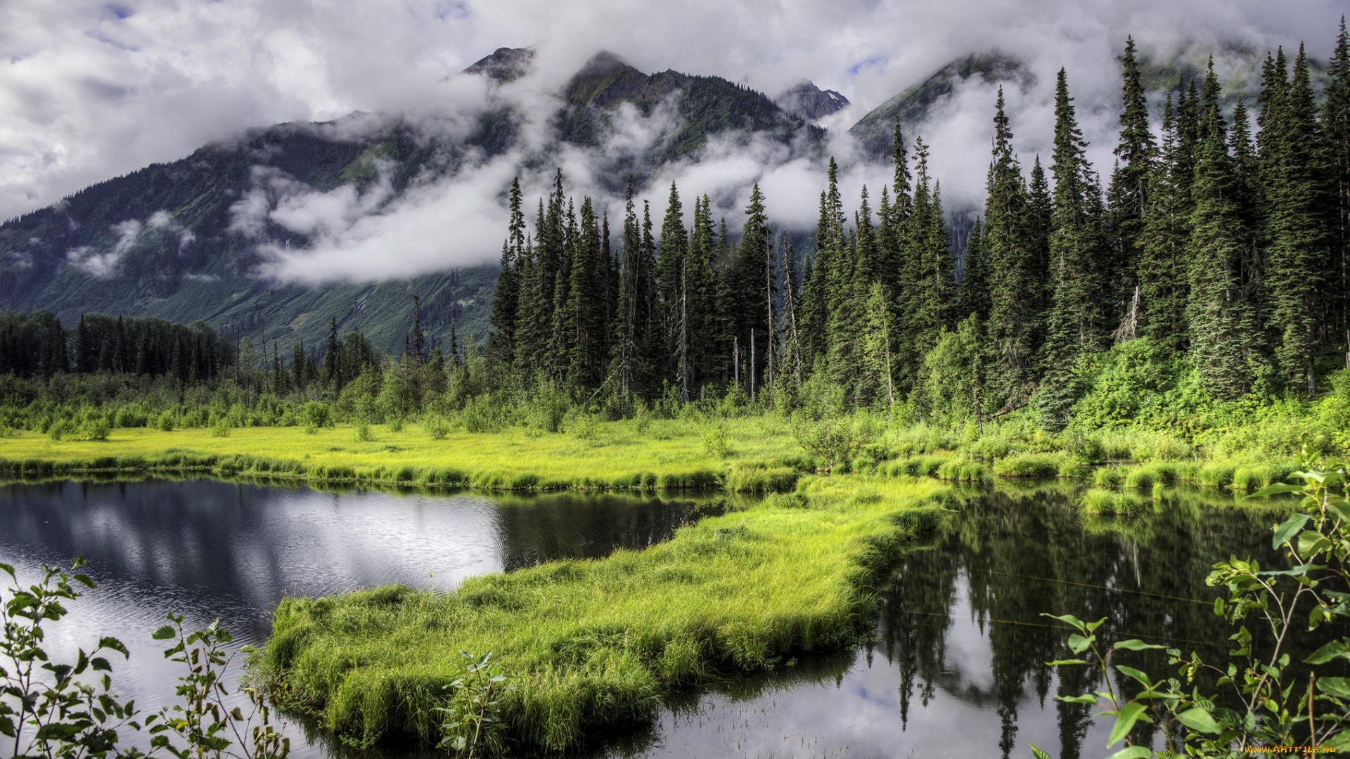 природа, пейзажи, пейзаж, деревья, горы, озеро, alaska
