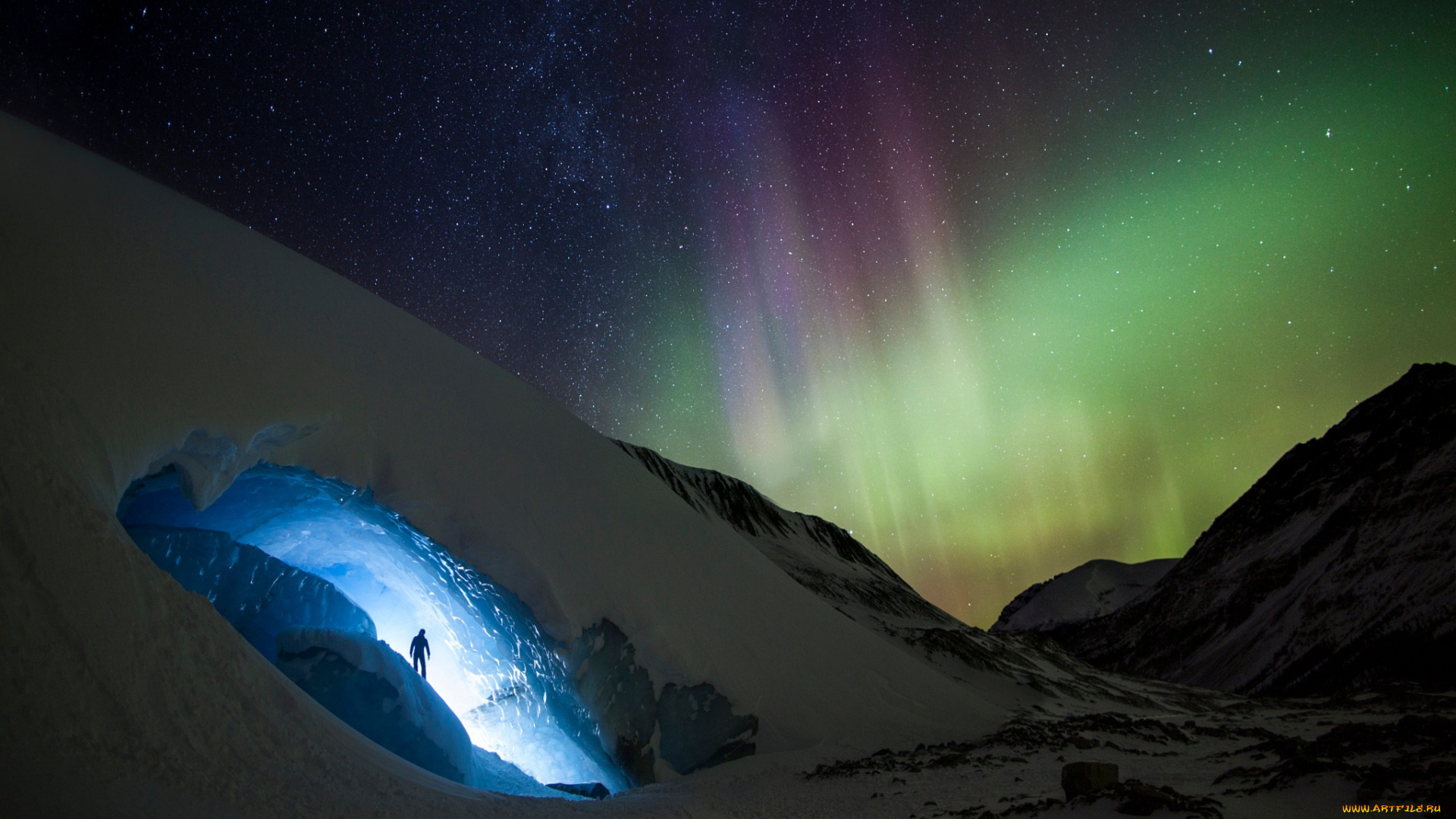 природа, северное, сияние, ночь, небо, скалы, горы, пищера, звезды, лёд, снег, северное, сияние, свет, человек