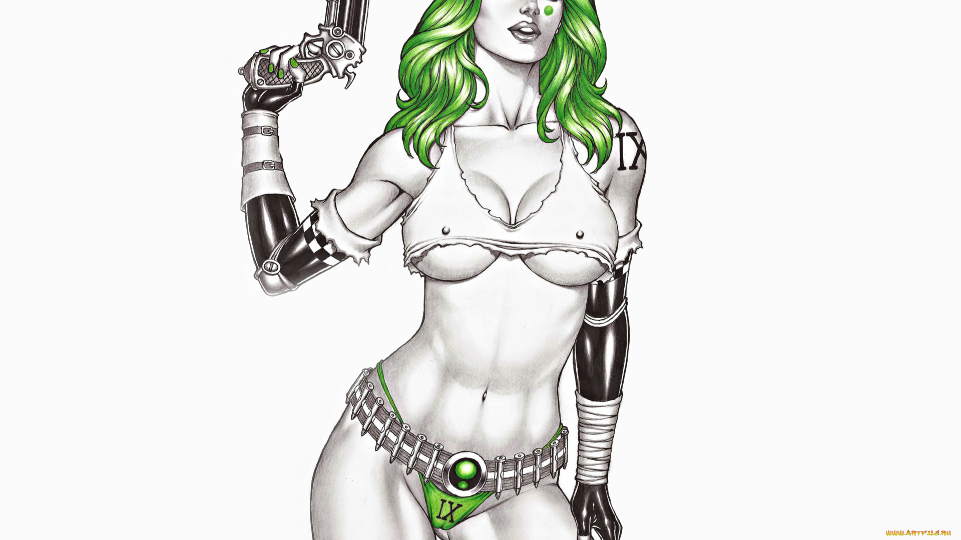 рисованное, комиксы, револьвер, униформа, фон, девушка