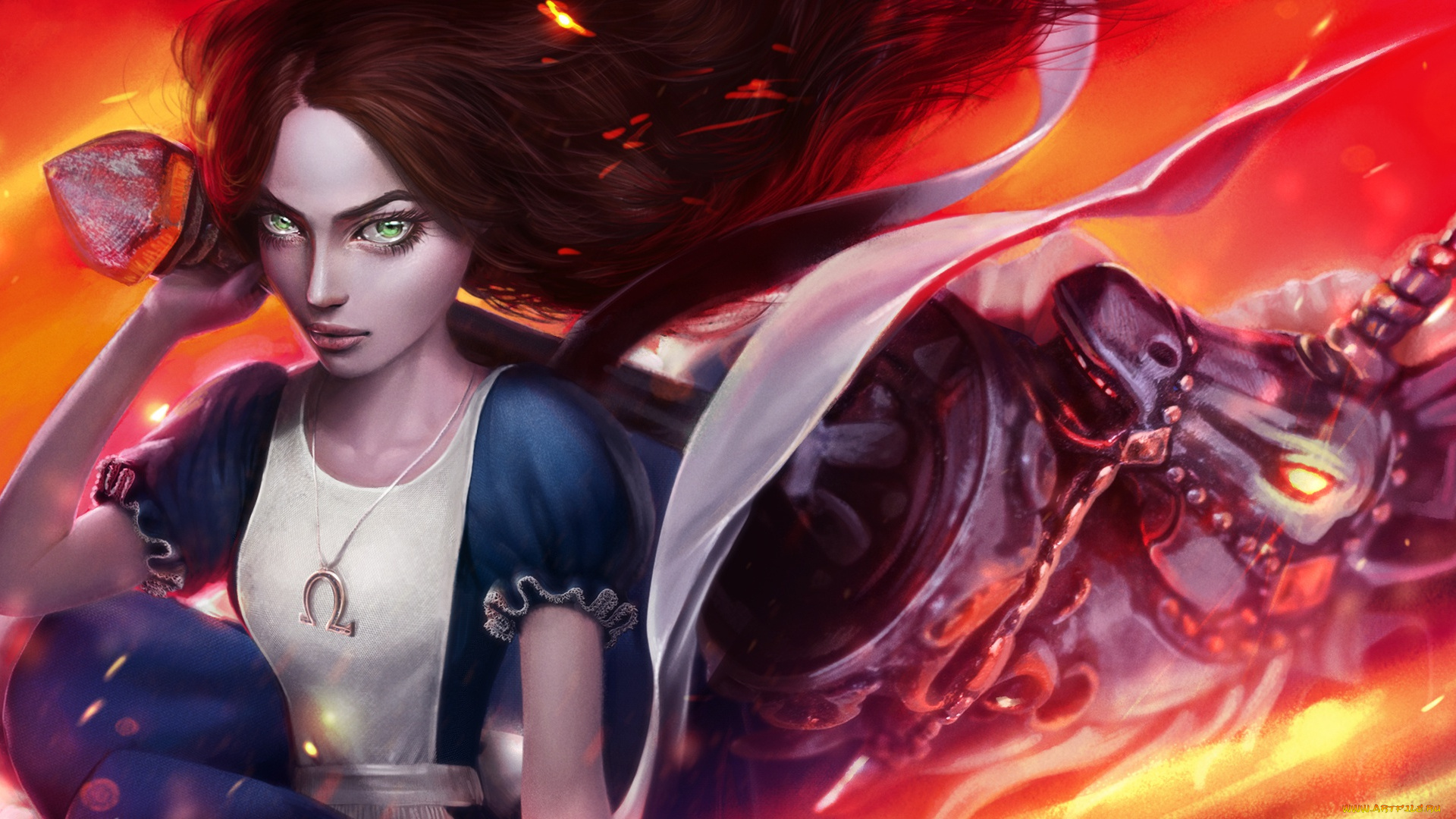 видео, игры, alice, , madness, returns, девушка, лошадь, art, платье, волосы, взгляд, madness, returns, единорог