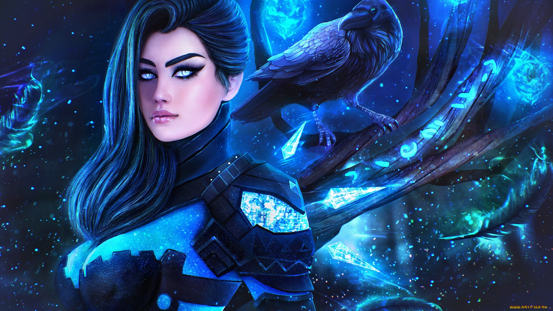видео, игры, guild, wars, арт, ворон, прическа, девушка, ворона, волосы, guild, wars, взгляд, магия, грудь