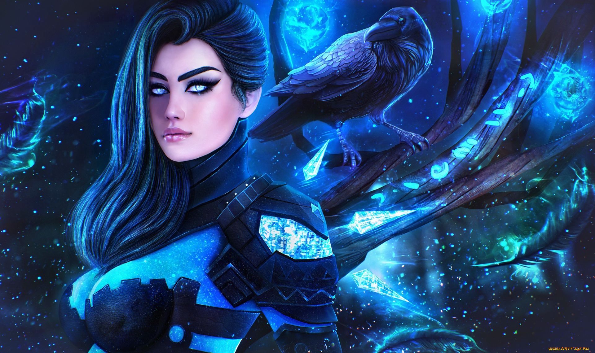 видео, игры, guild, wars, арт, ворон, прическа, девушка, ворона, волосы, guild, wars, взгляд, магия, грудь