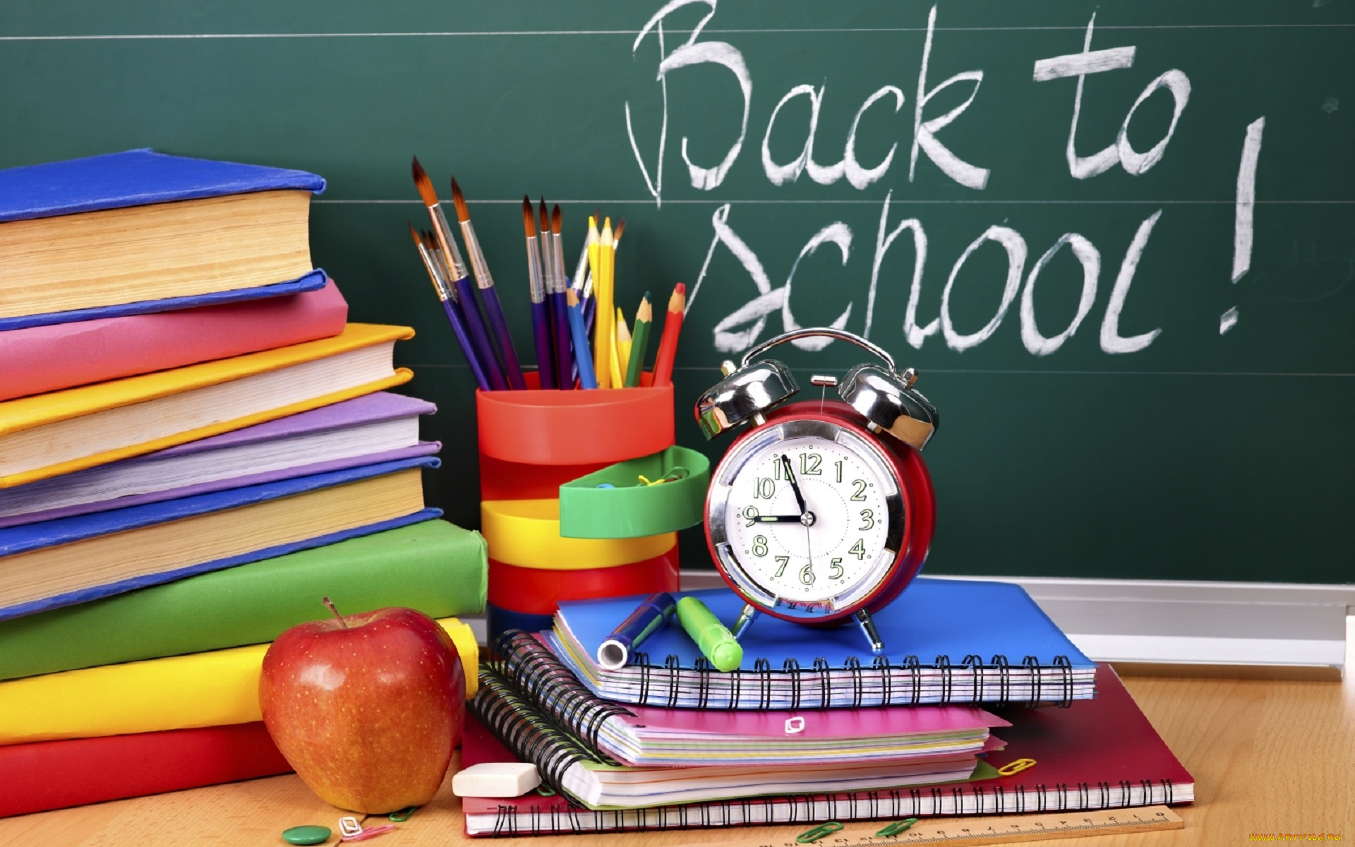 праздничные, день, знаний, надпись, яблоко, будильник, тетради, учебники