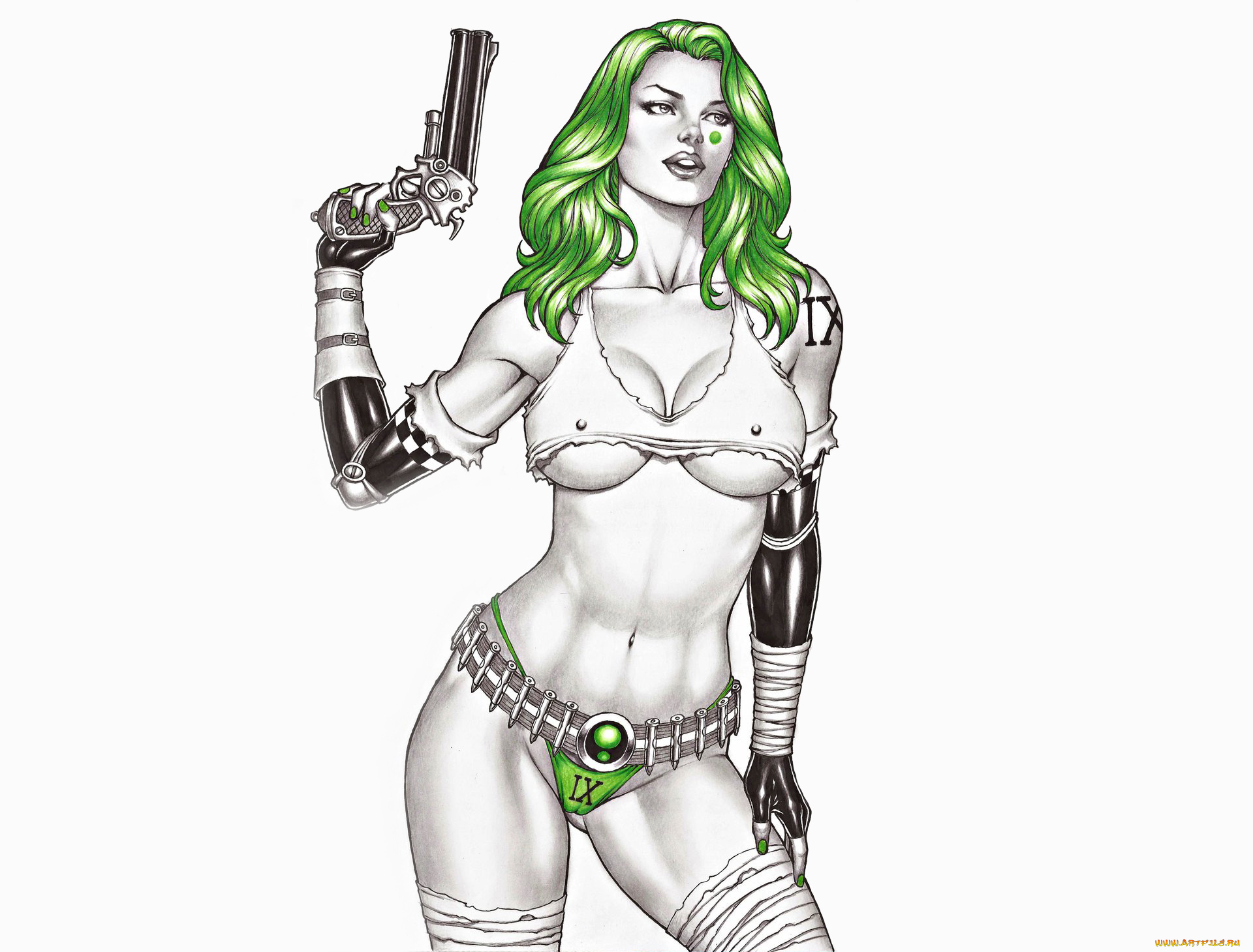 рисованное, комиксы, револьвер, униформа, фон, девушка