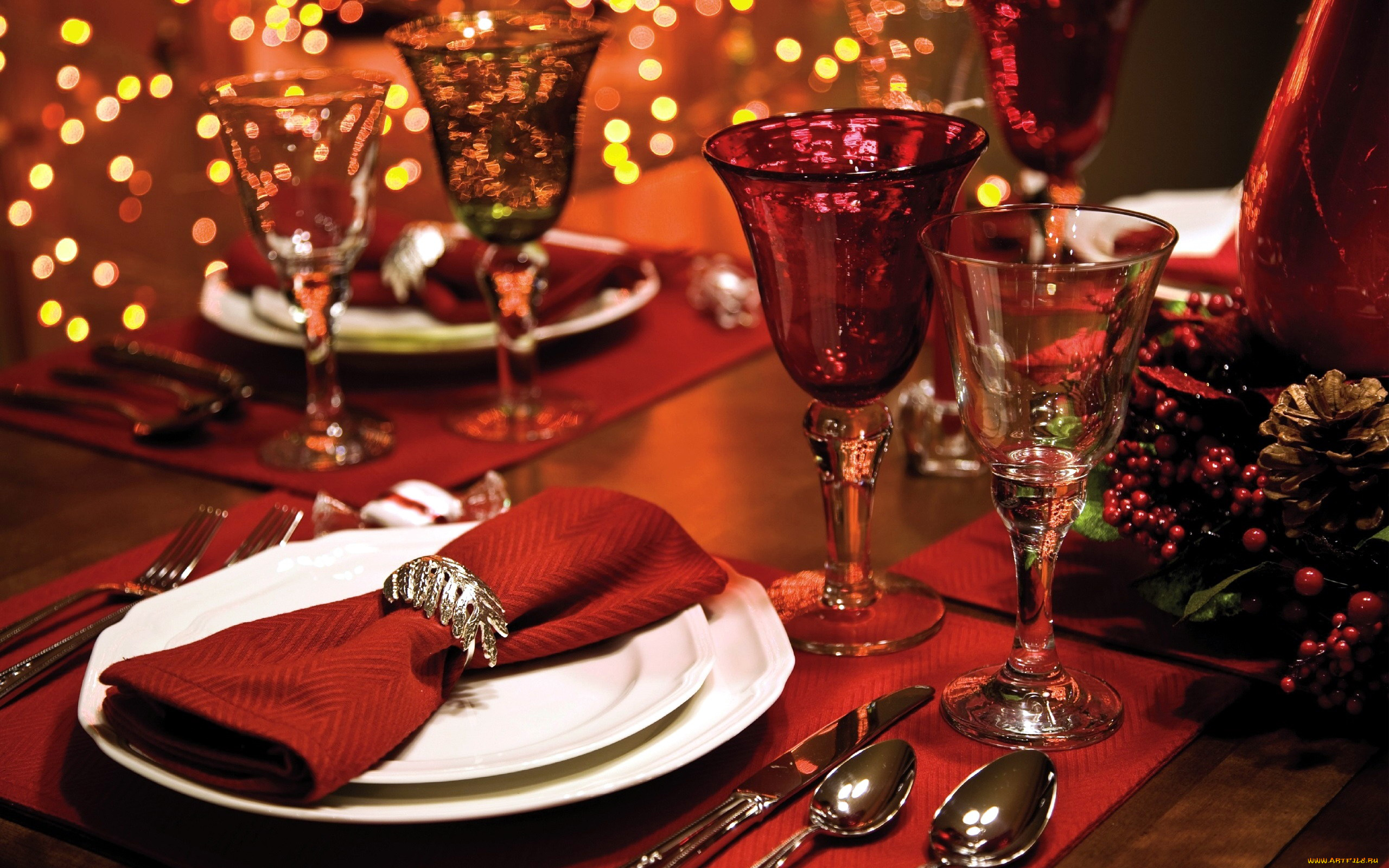 праздничные, сервировка, салфетка, бокалы, приборы