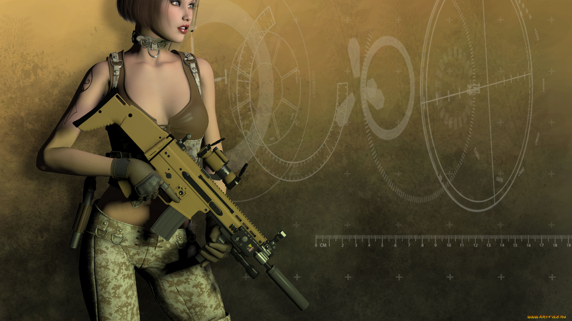 3д, графика, люди, , people, униформа, автомат, фон, девушка