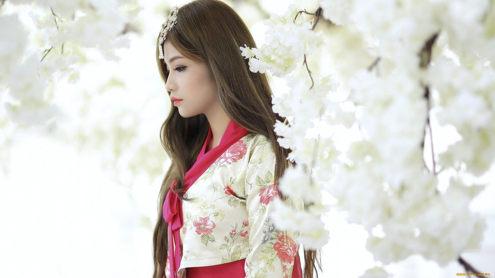 девушки, -unsort, , азиатки, цветение, деревья, азиатка, костюм