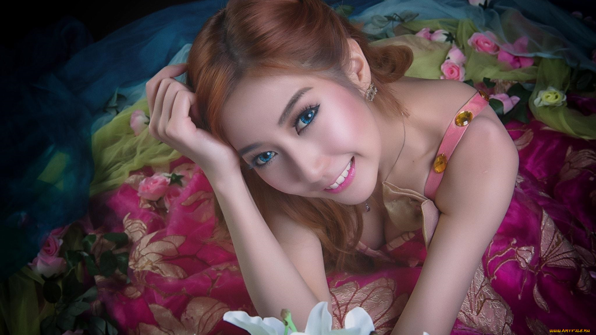 девушки, -unsort, , азиатки, лилии, розы, улыбка, азиатка, платье, линзы, цветы