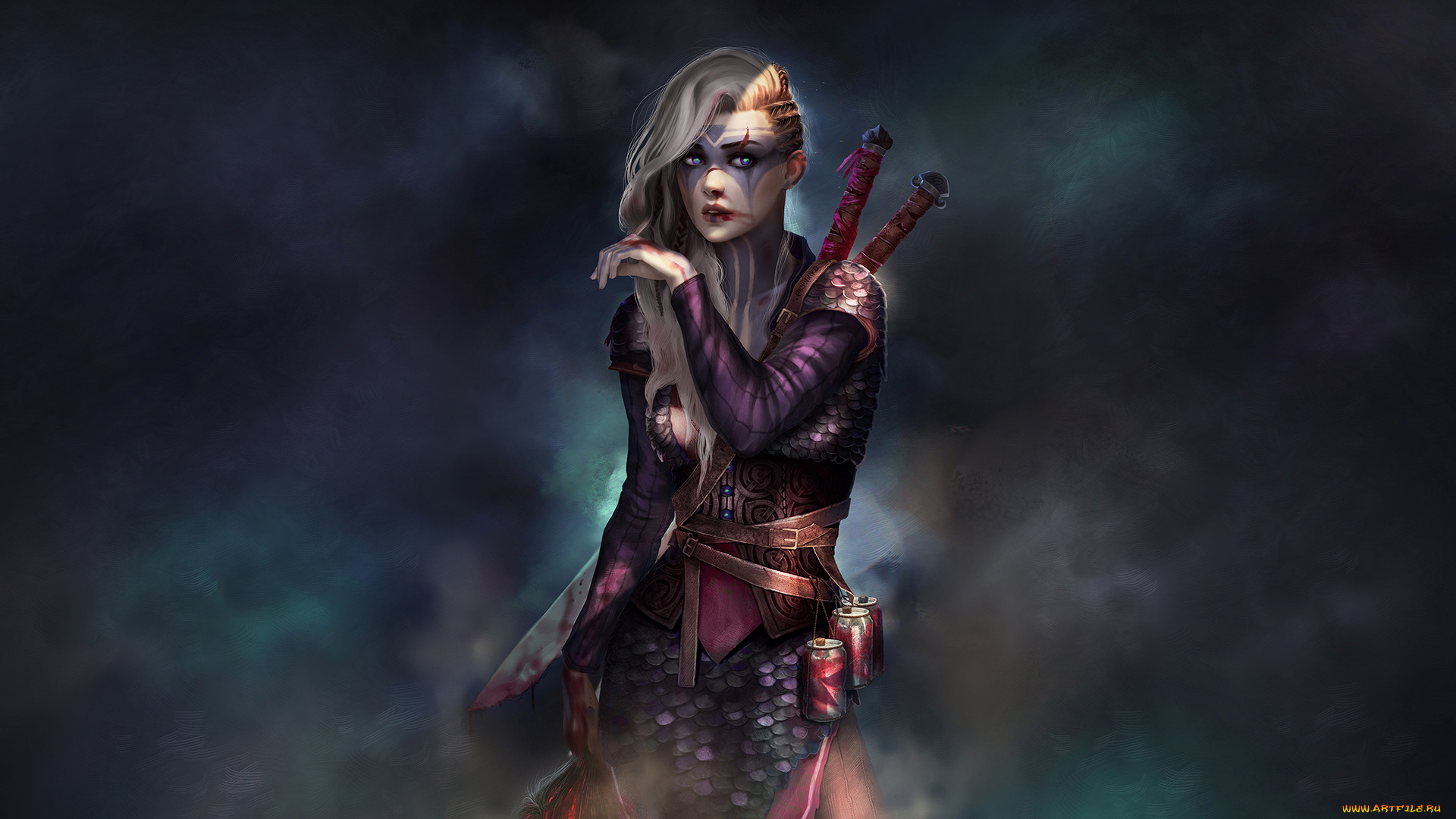 фэнтези, девушки, фон, девушка, взгляд, оружие