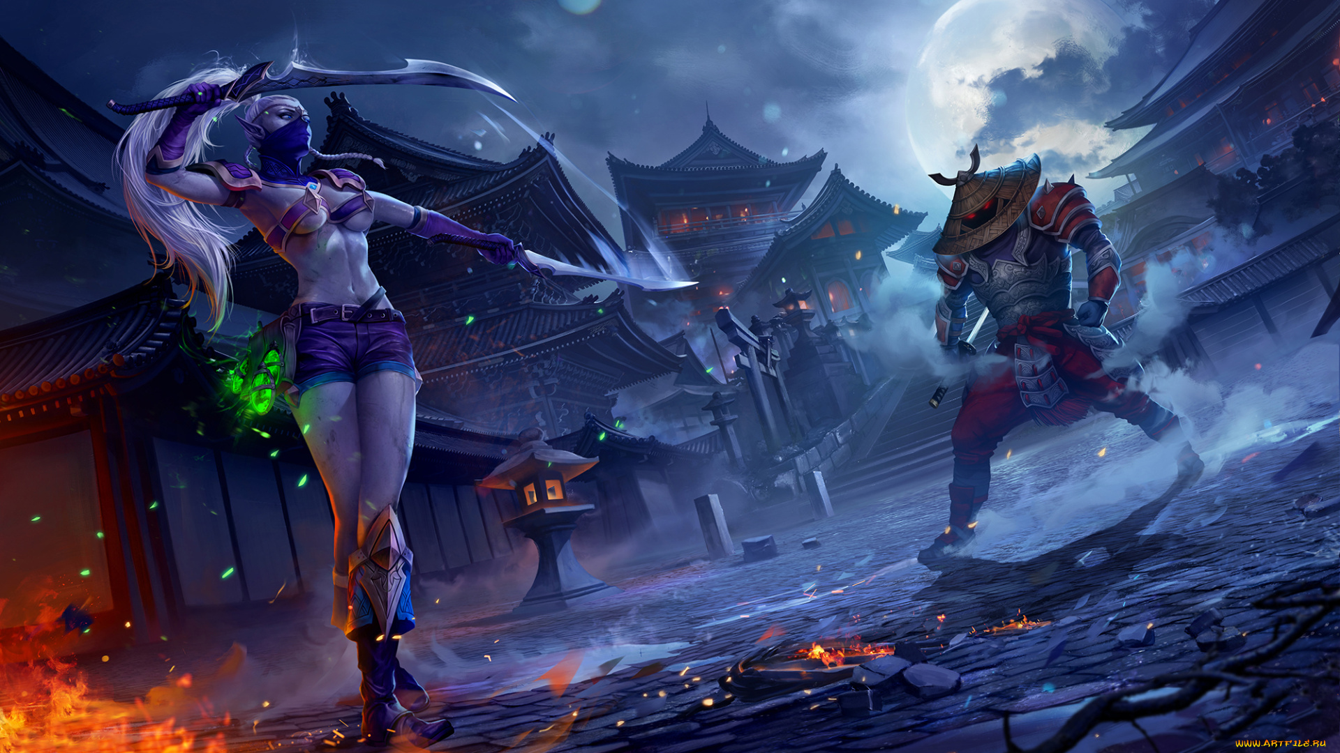 фэнтези, эльфы, город, маска, меч, девушка, фон, существо