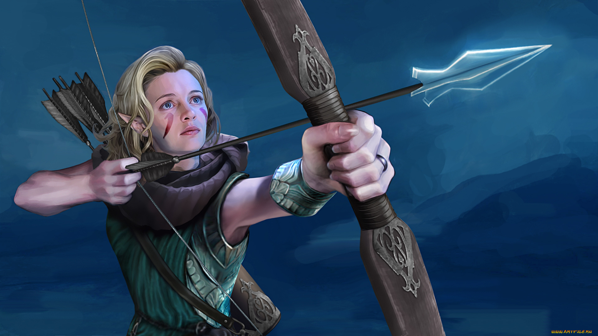 фэнтези, эльфы, лук, эльф, фон, девушка