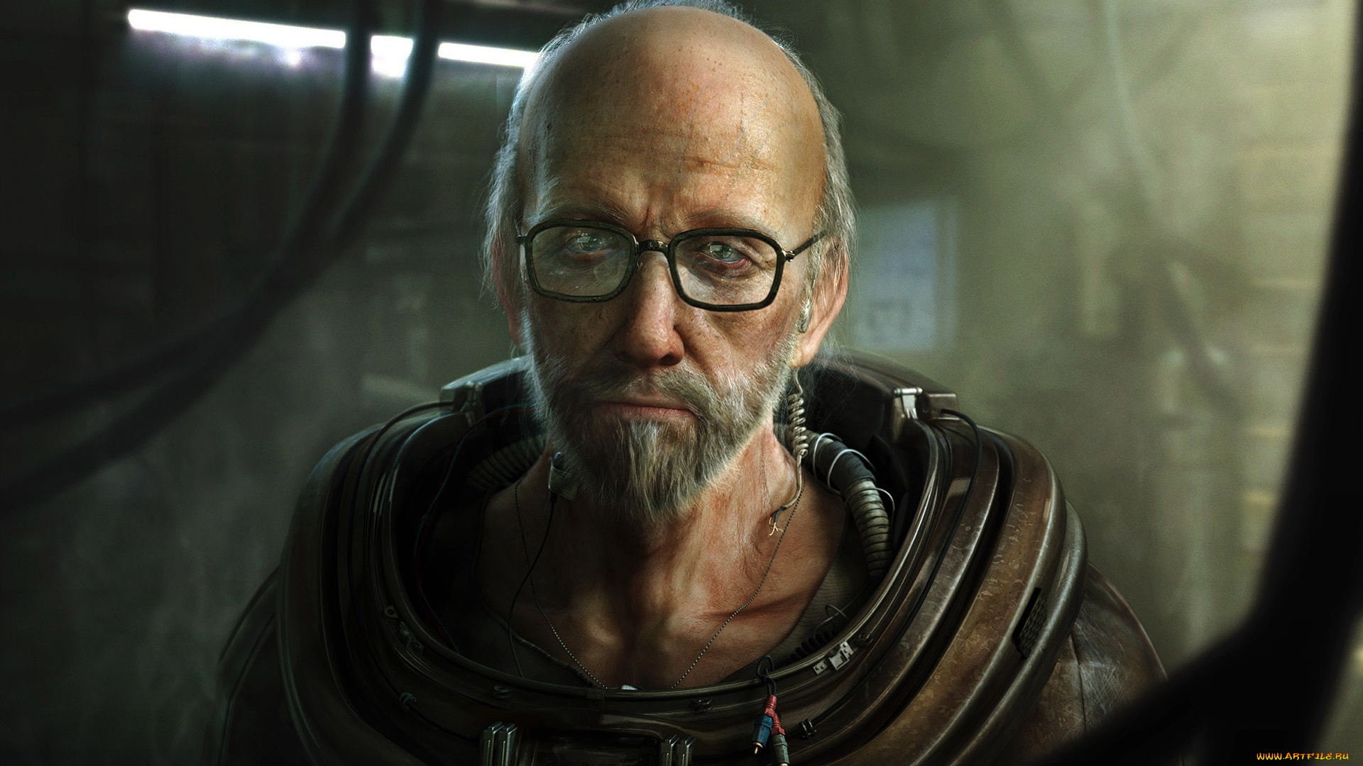 фэнтези, люди, очки, скафандр, старик