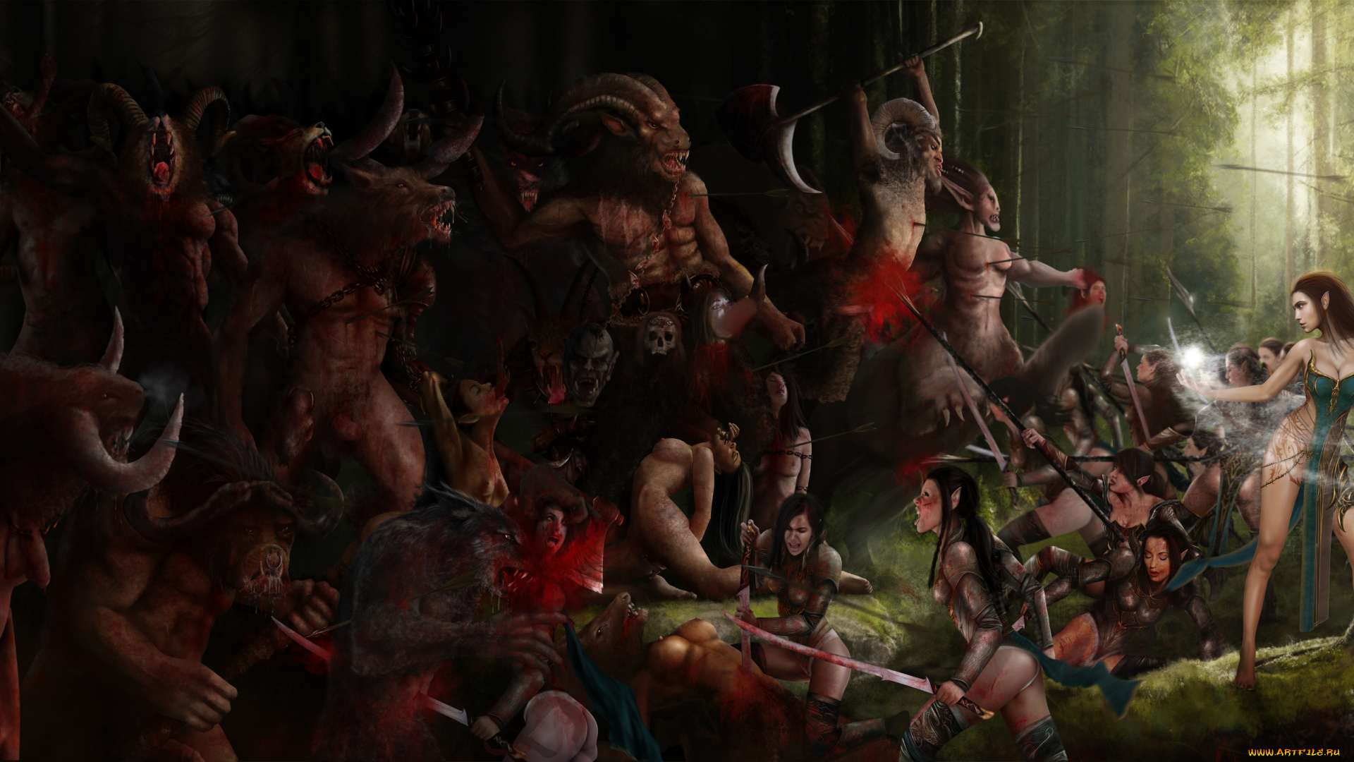 фэнтези, существа, эльф, фон, бой, девушки