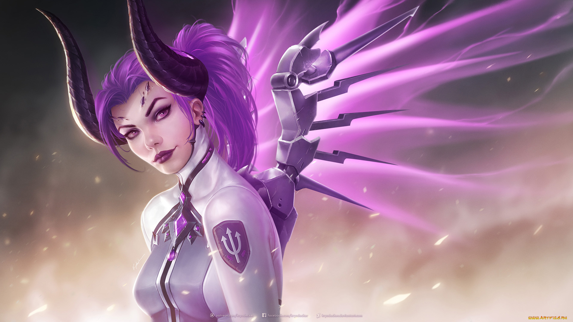 фэнтези, существа, фон, девушка, взгляд, рога