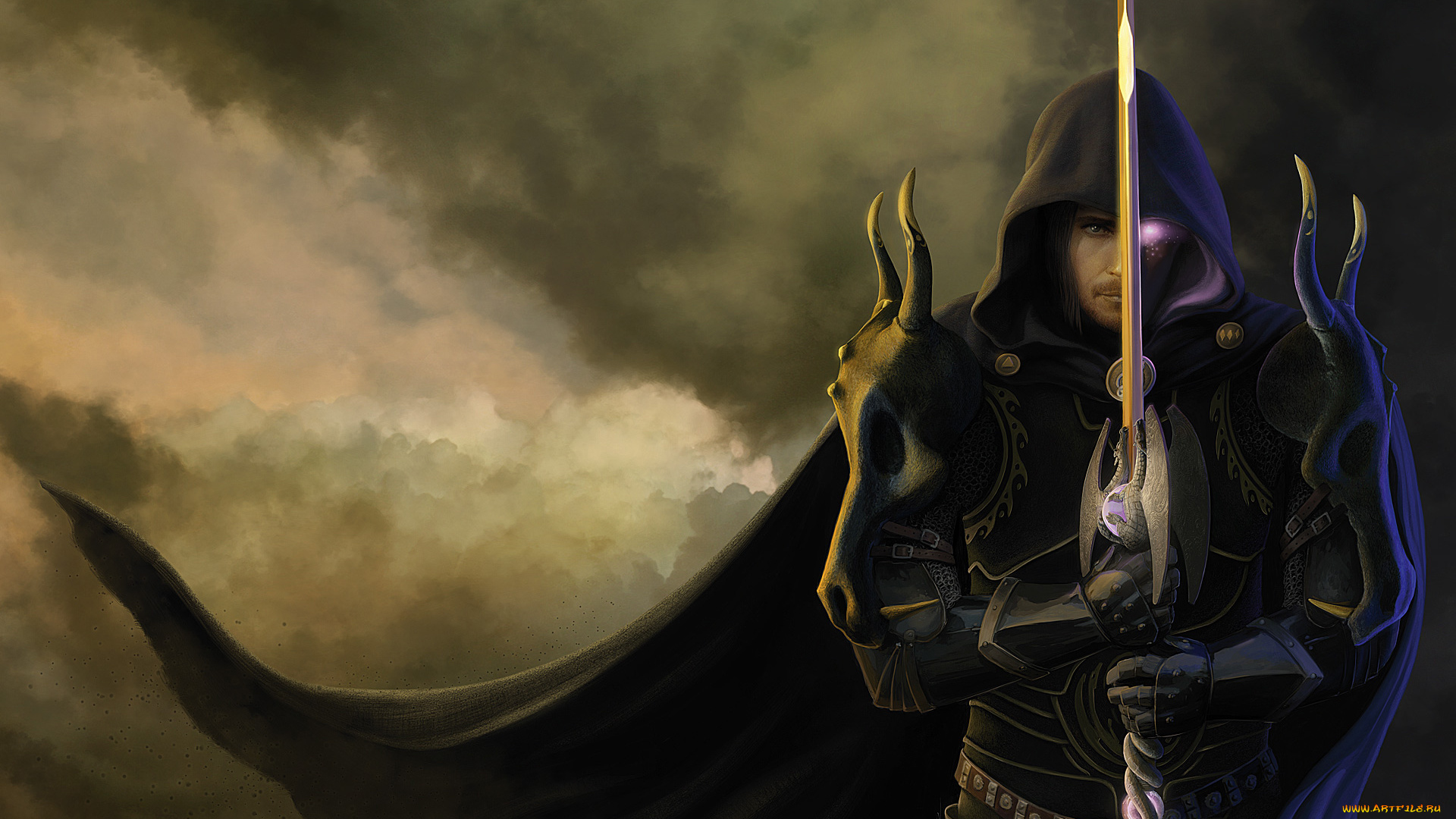 фэнтези, существа, взгляд, меч, фон, мужчина, плащ, существо