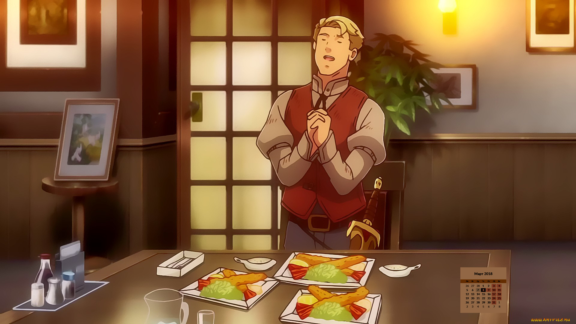 календари, аниме, 2018, парень, молитва, еда