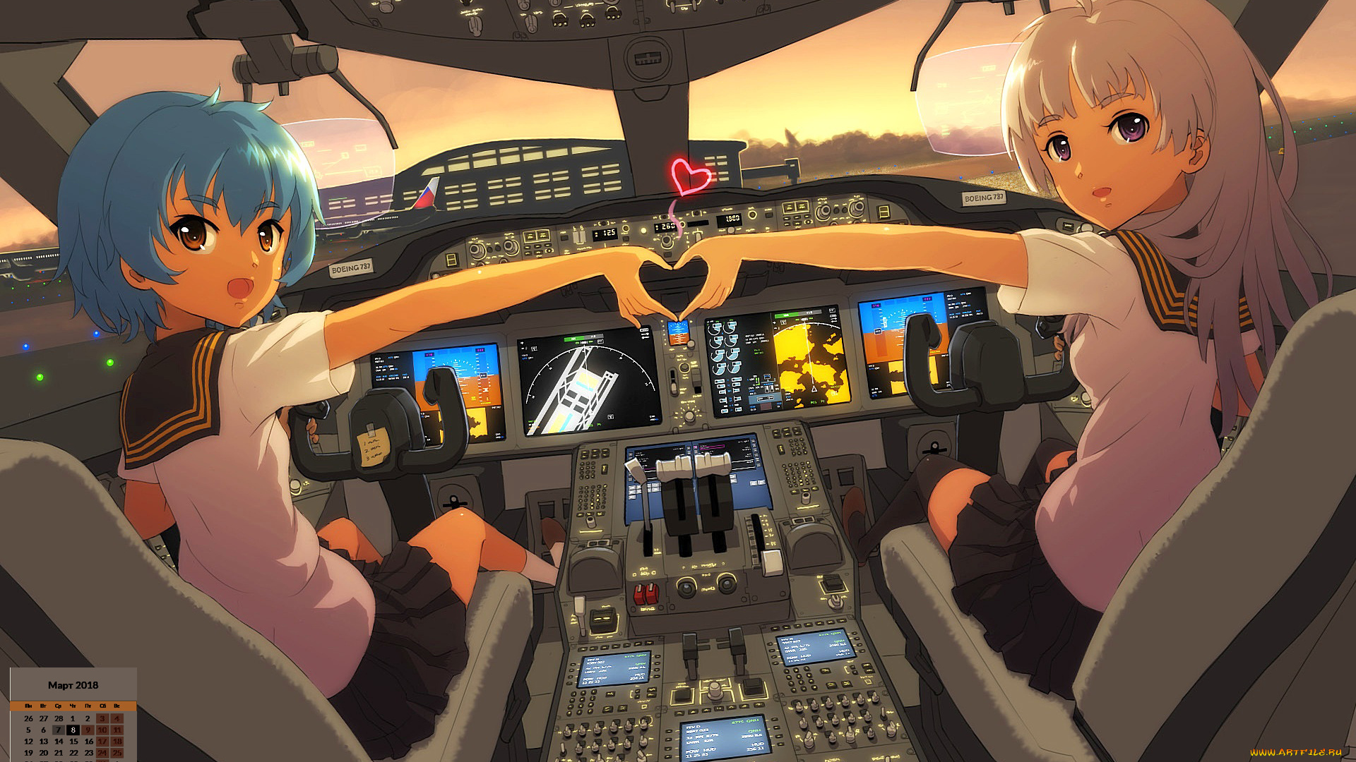 календари, аниме, кабина, сердце, 2018, девушка, взгляд, лицо