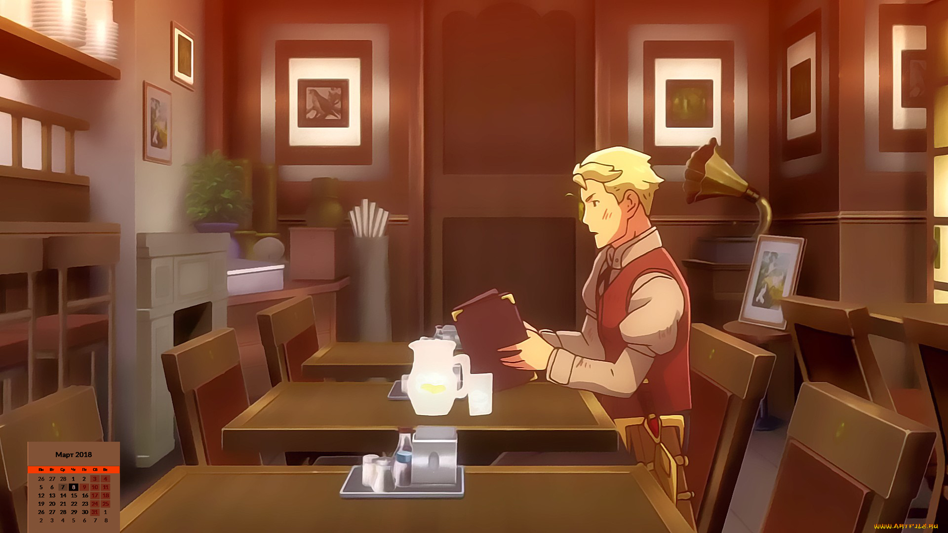 календари, аниме, картина, стол, 2018, мужчина, взгляд, посуда