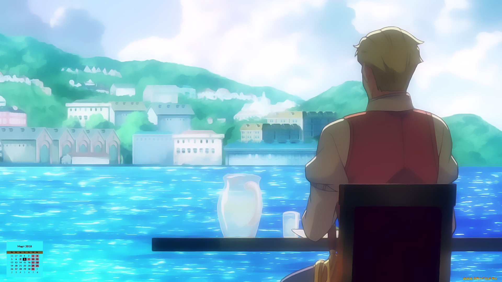 календари, аниме, мужчина, 2018, водоем, здание