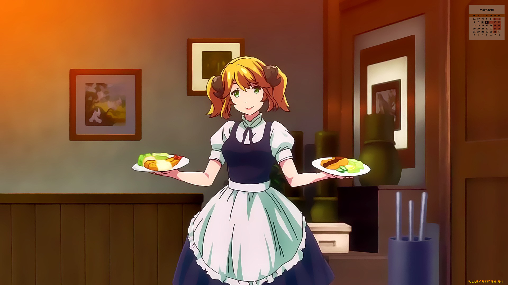 календари, аниме, поднос, 2018, взгляд, девушка