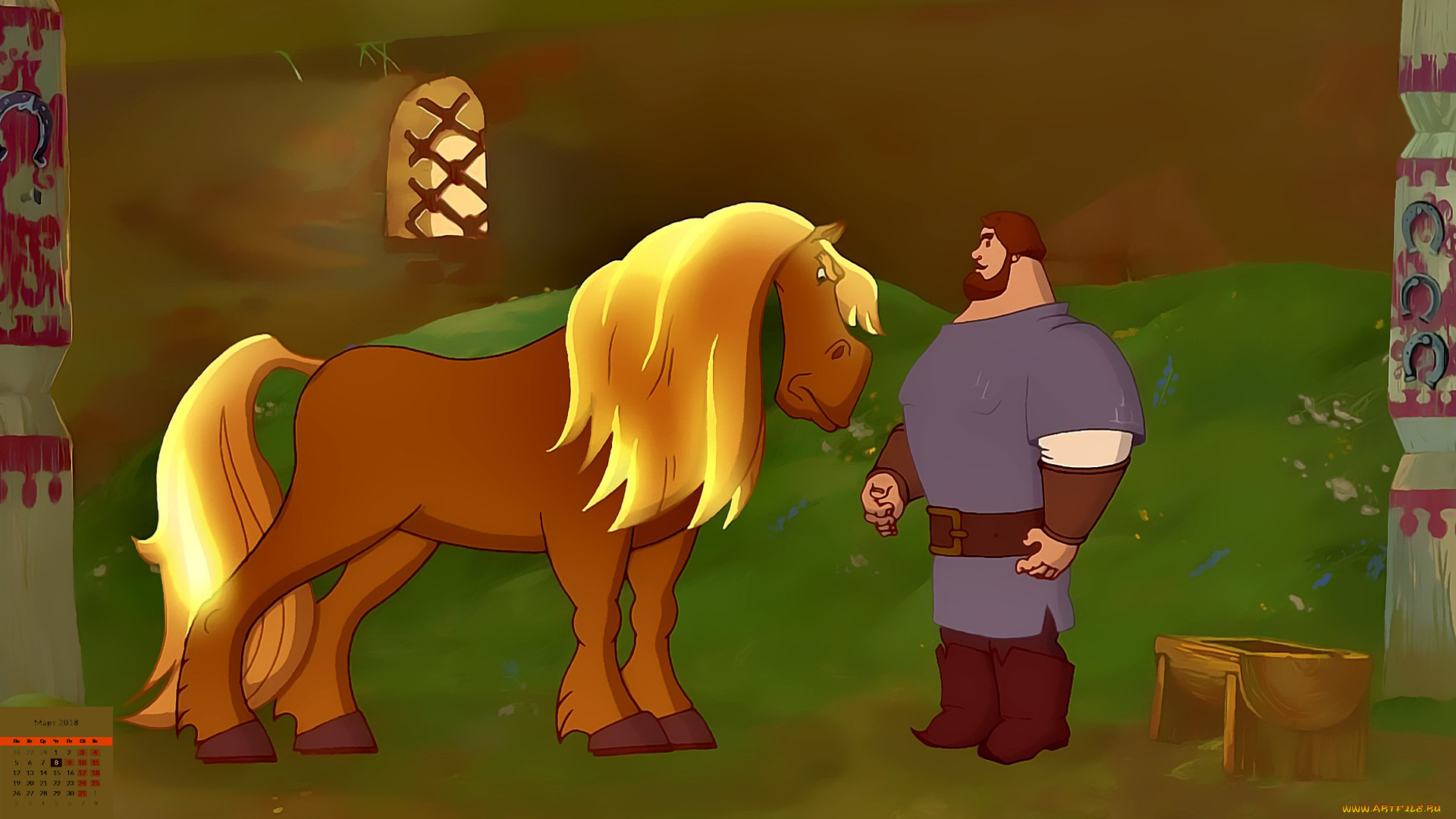 календари, кино, , мультфильмы, богатырь, взгляд, лошадь, мужчина, 2018