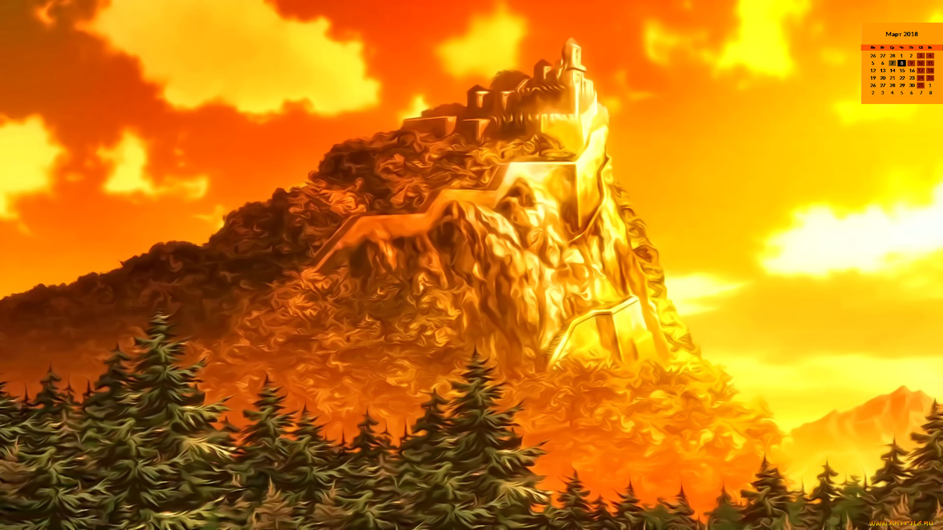 календари, рисованные, , векторная, графика, здание, 2018, гора, деревья