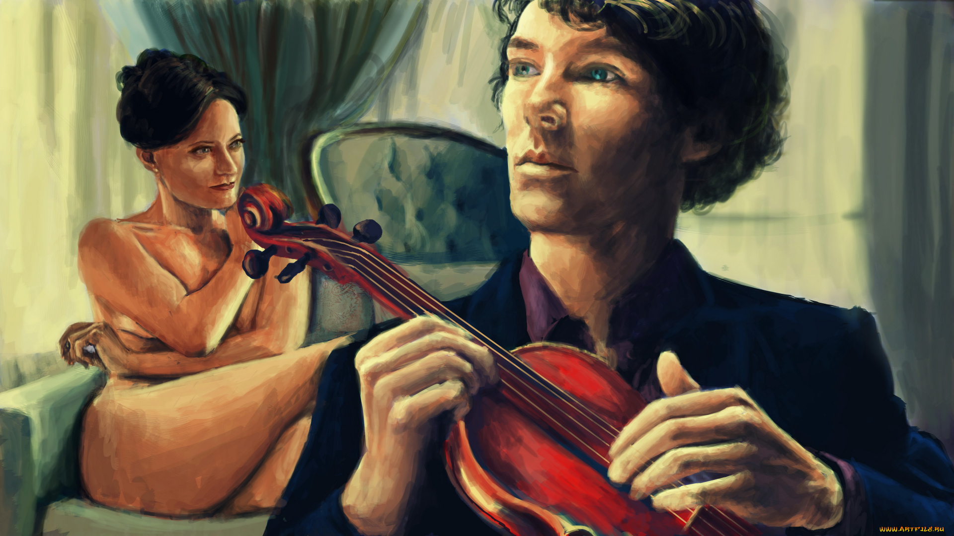рисованное, кино, мужчина, девушка, скрипка, фон