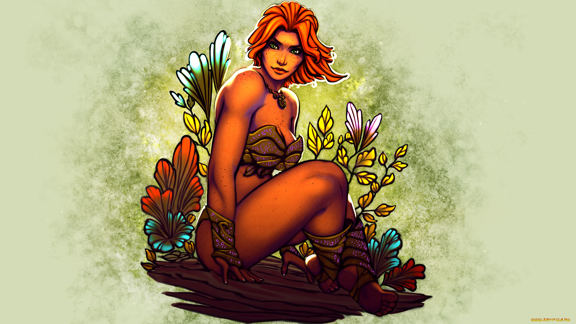 рисованное, комиксы, девушка, фон, цветы, взгляд