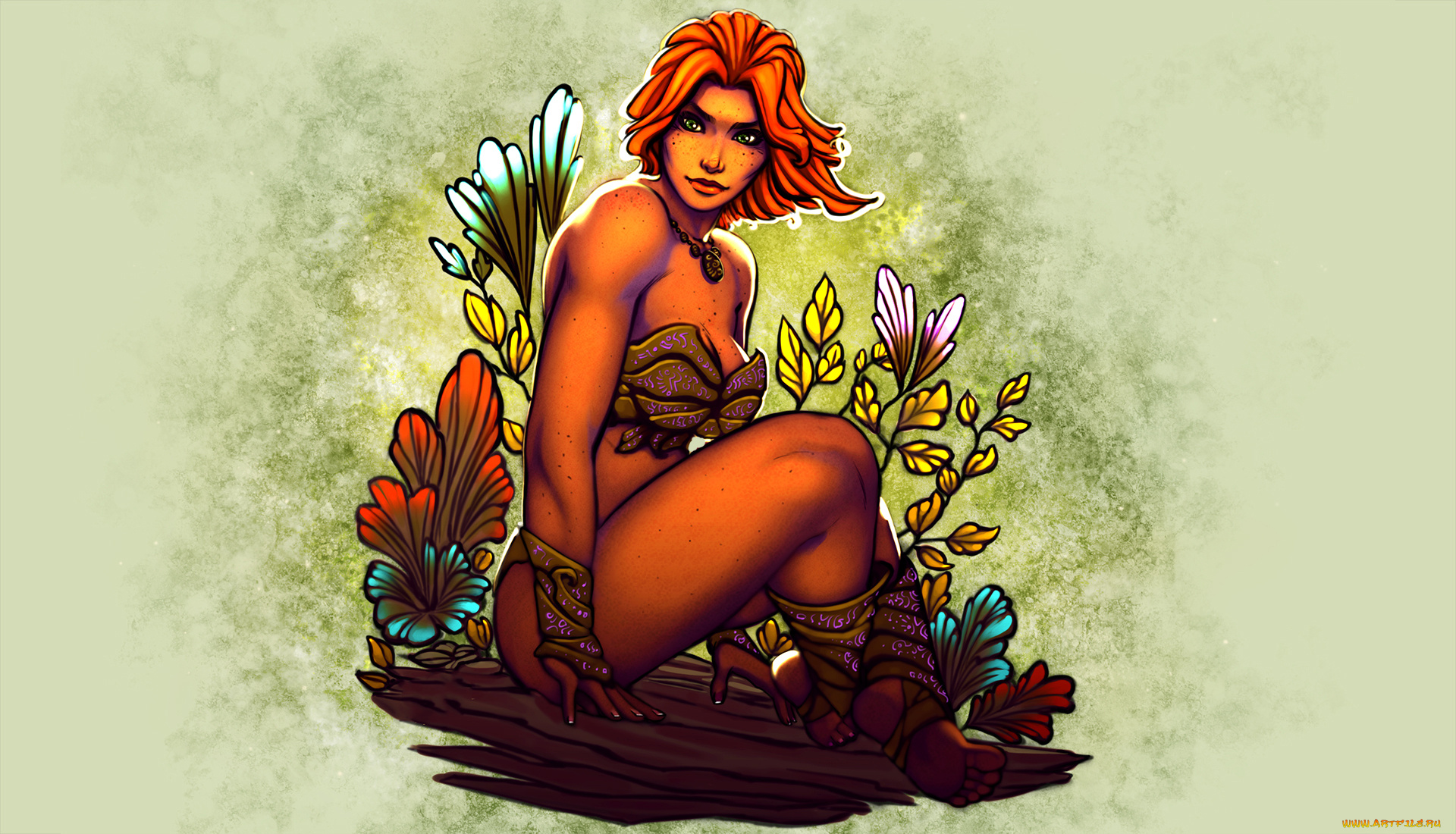 рисованное, комиксы, девушка, фон, цветы, взгляд