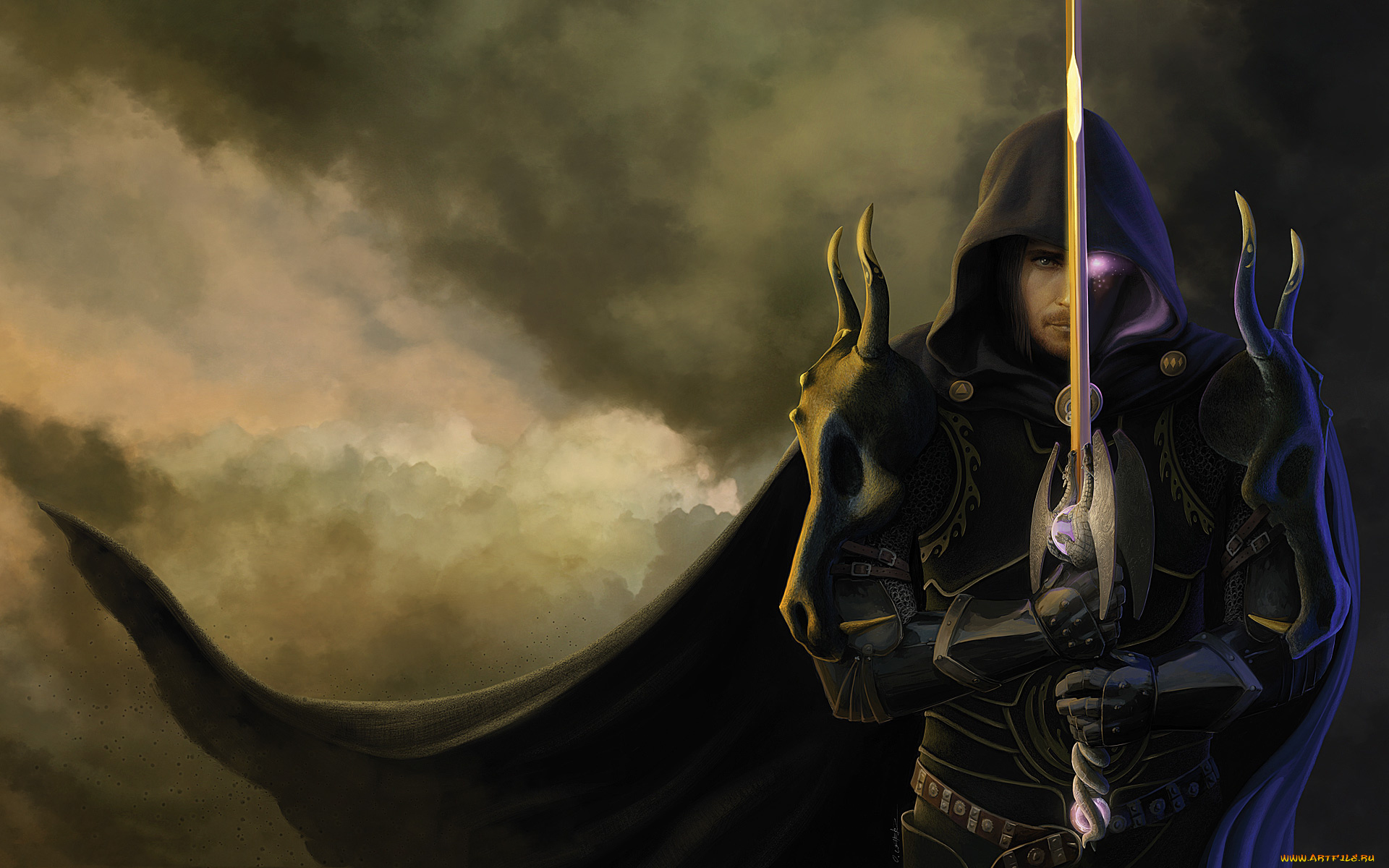 фэнтези, существа, взгляд, меч, фон, мужчина, плащ, существо