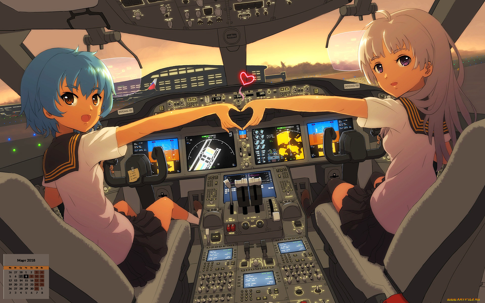 календари, аниме, кабина, сердце, 2018, девушка, взгляд, лицо