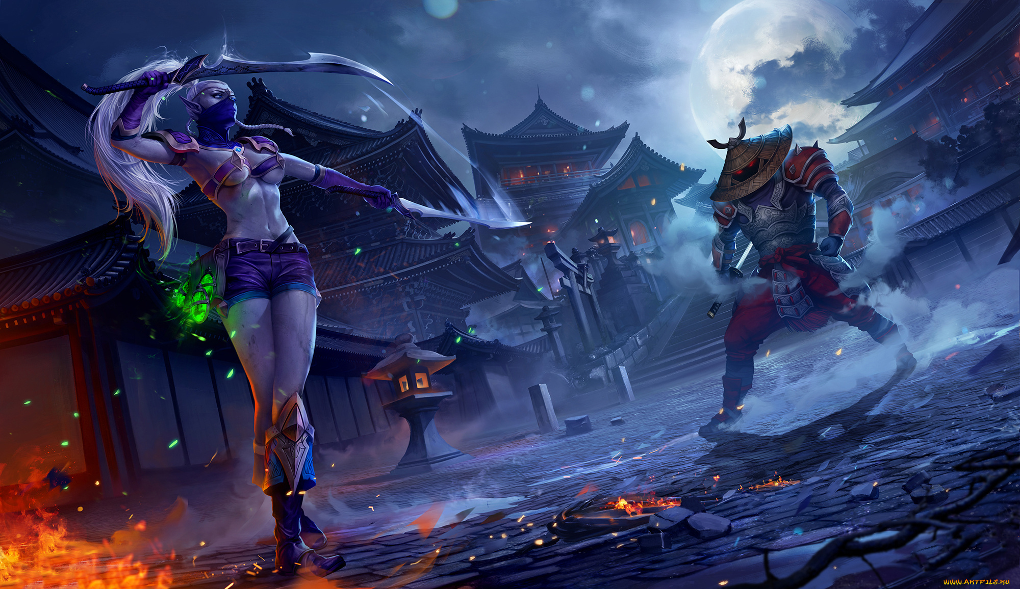 фэнтези, эльфы, город, маска, меч, девушка, фон, существо