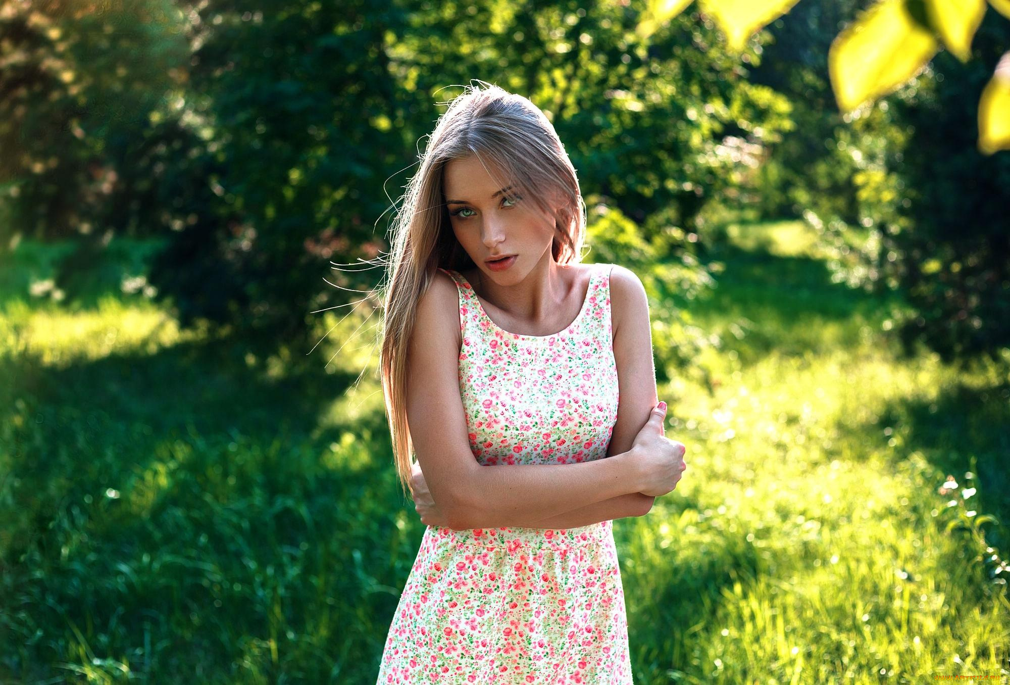 девушки, -unsort, , блондинки, , светловолосые, трава, деревья, сарафан, блондинка