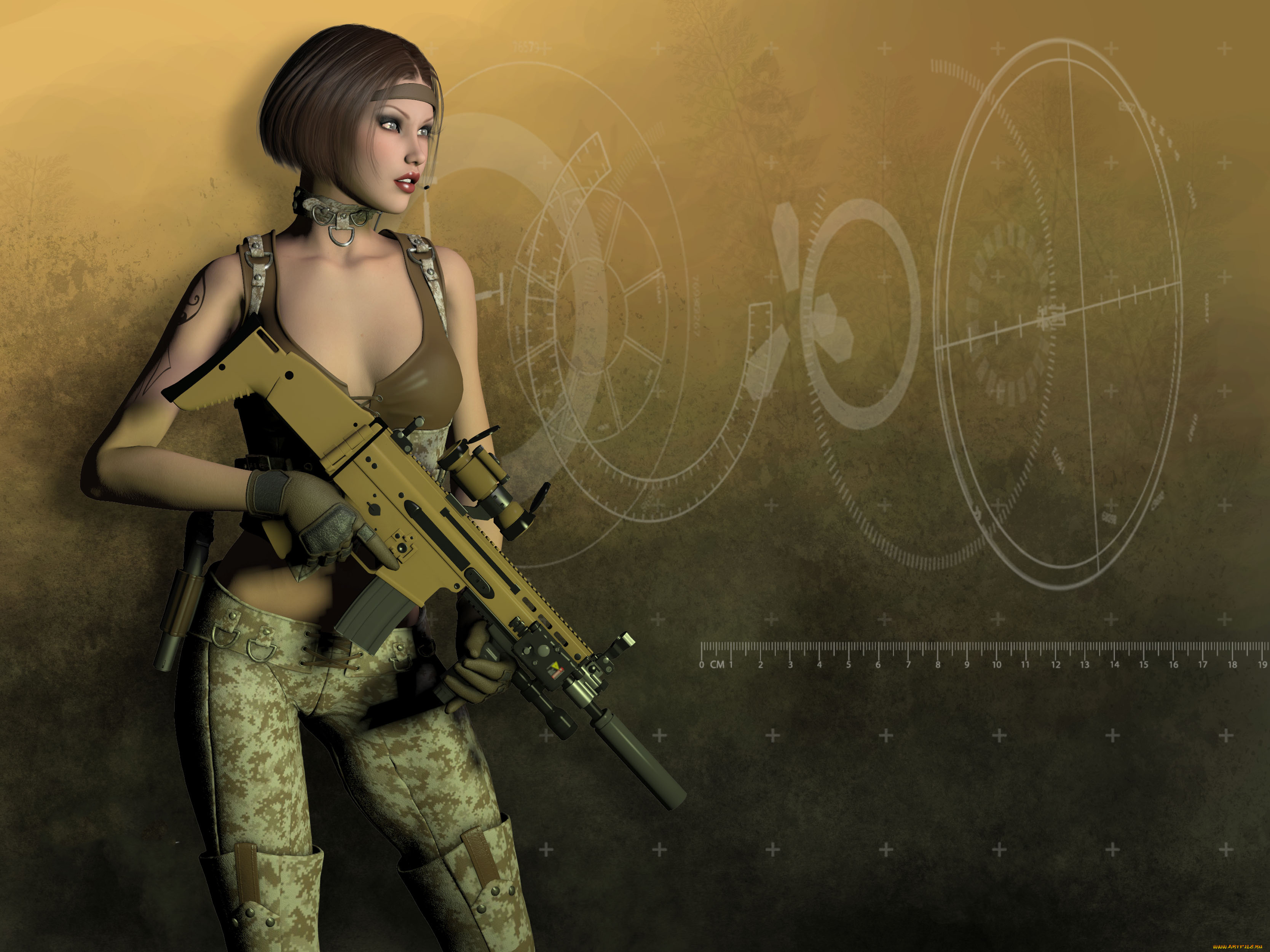 3д, графика, люди, , people, униформа, автомат, фон, девушка