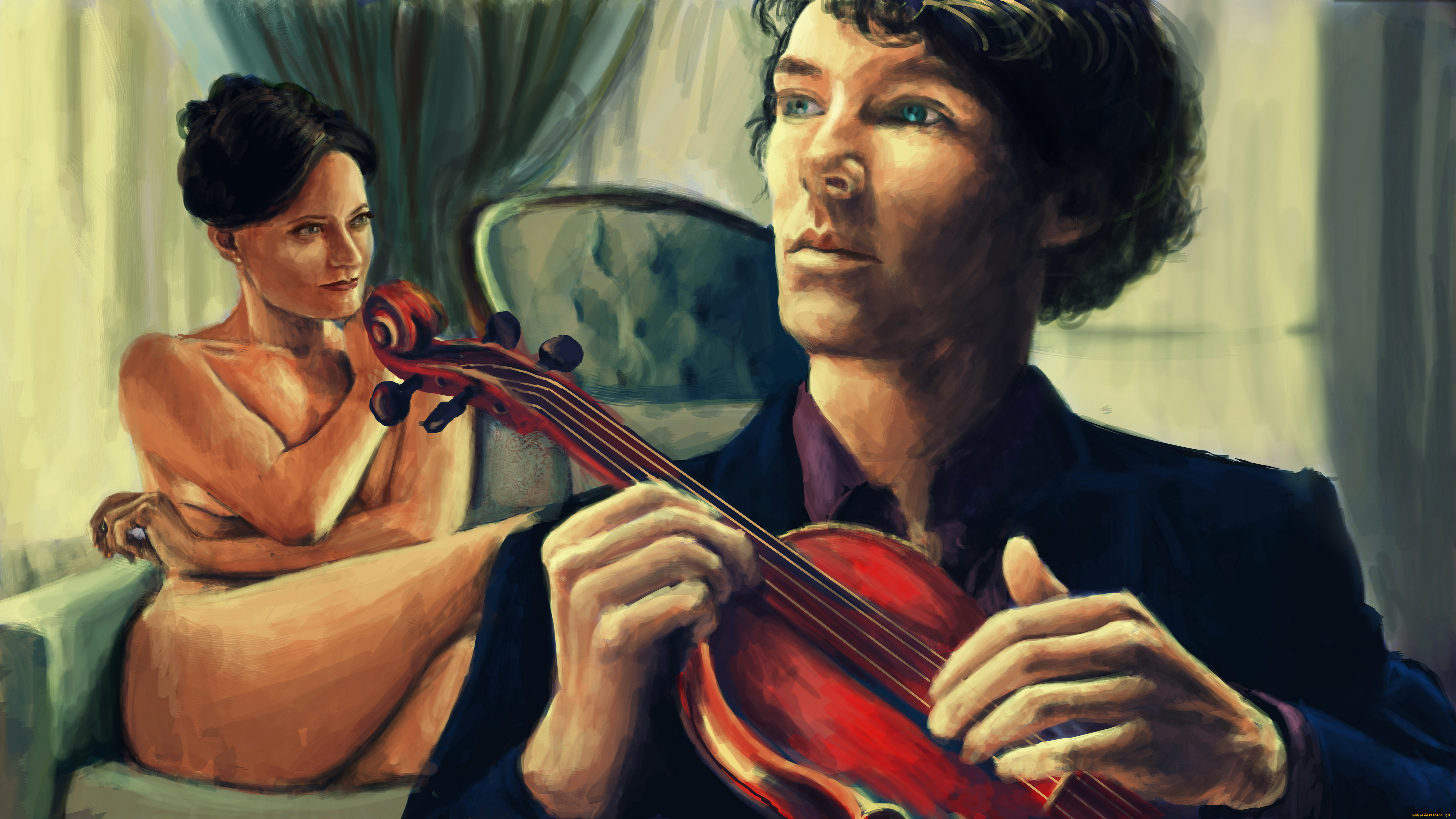рисованное, кино, мужчина, девушка, скрипка, фон