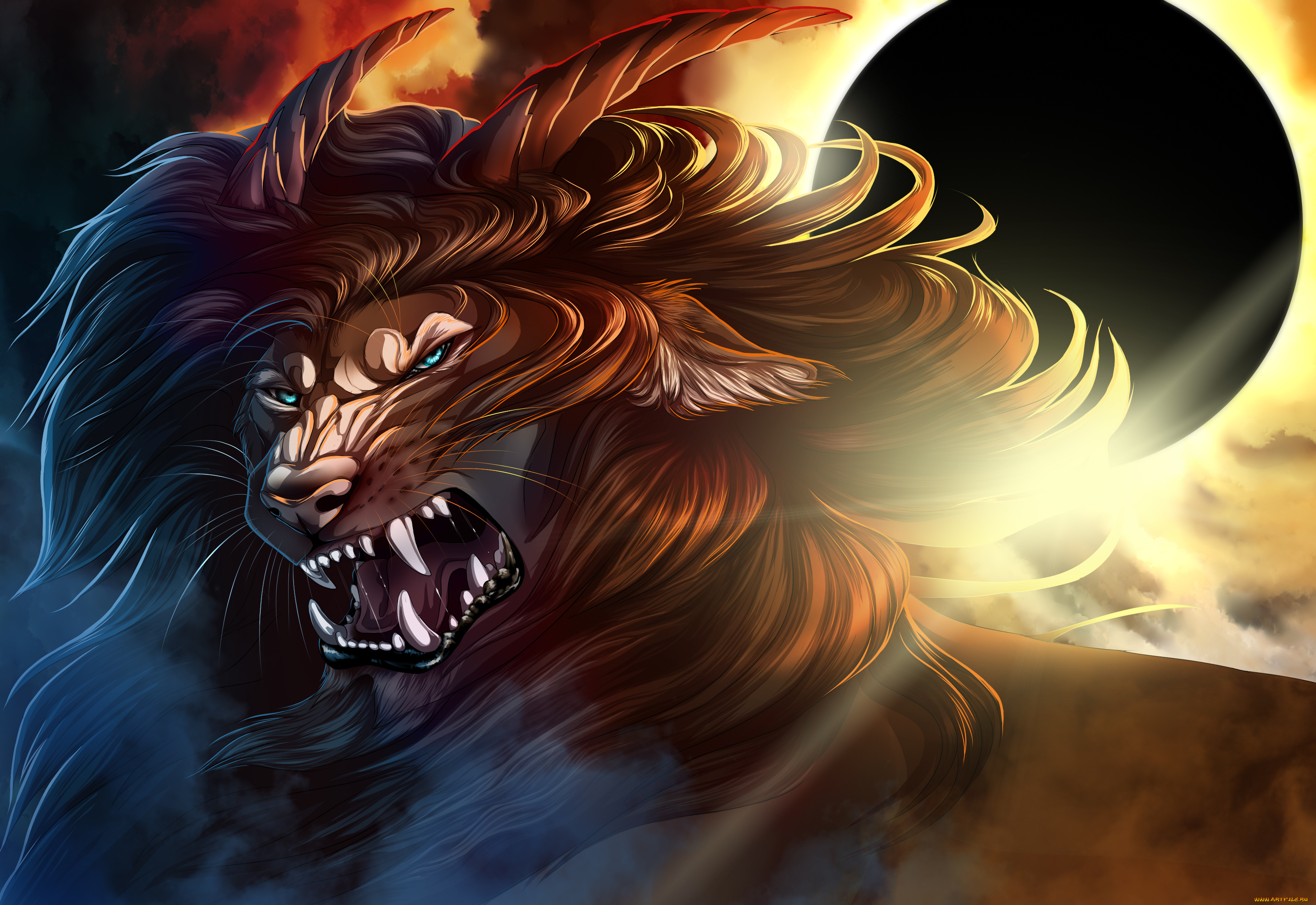 фэнтези, существа, фон, оскал, лев