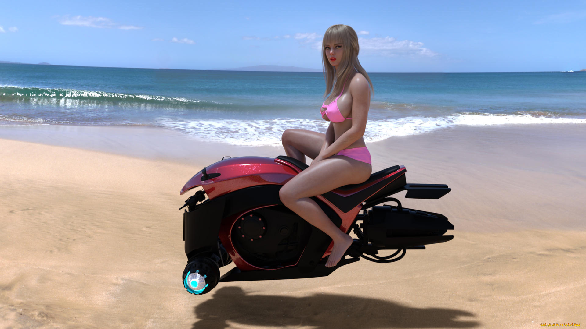 3д, графика, фантазия, , fantasy, девушка, фон, взгляд, купальник, море, волна