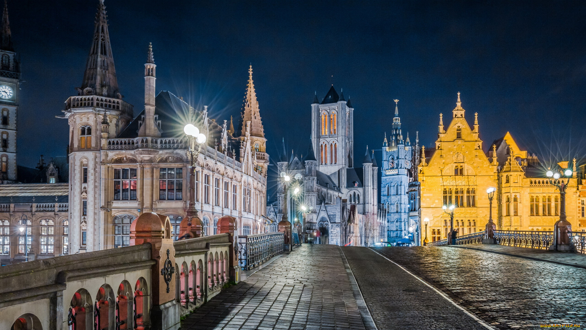 города, гент, , бельгия, мост, вечер, огни