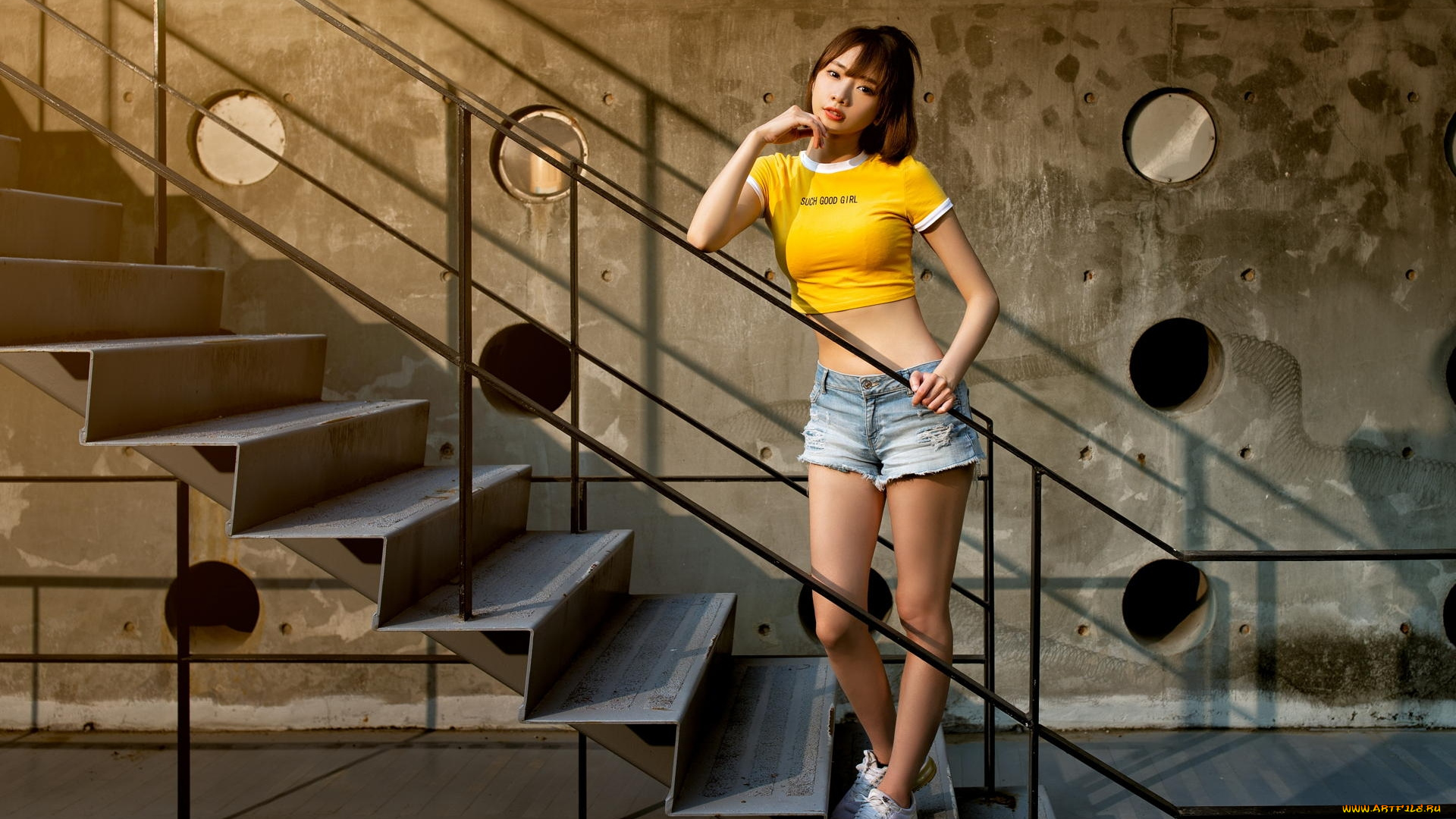 девушки, -, азиатки, лестница, азиатка, майка, шорты