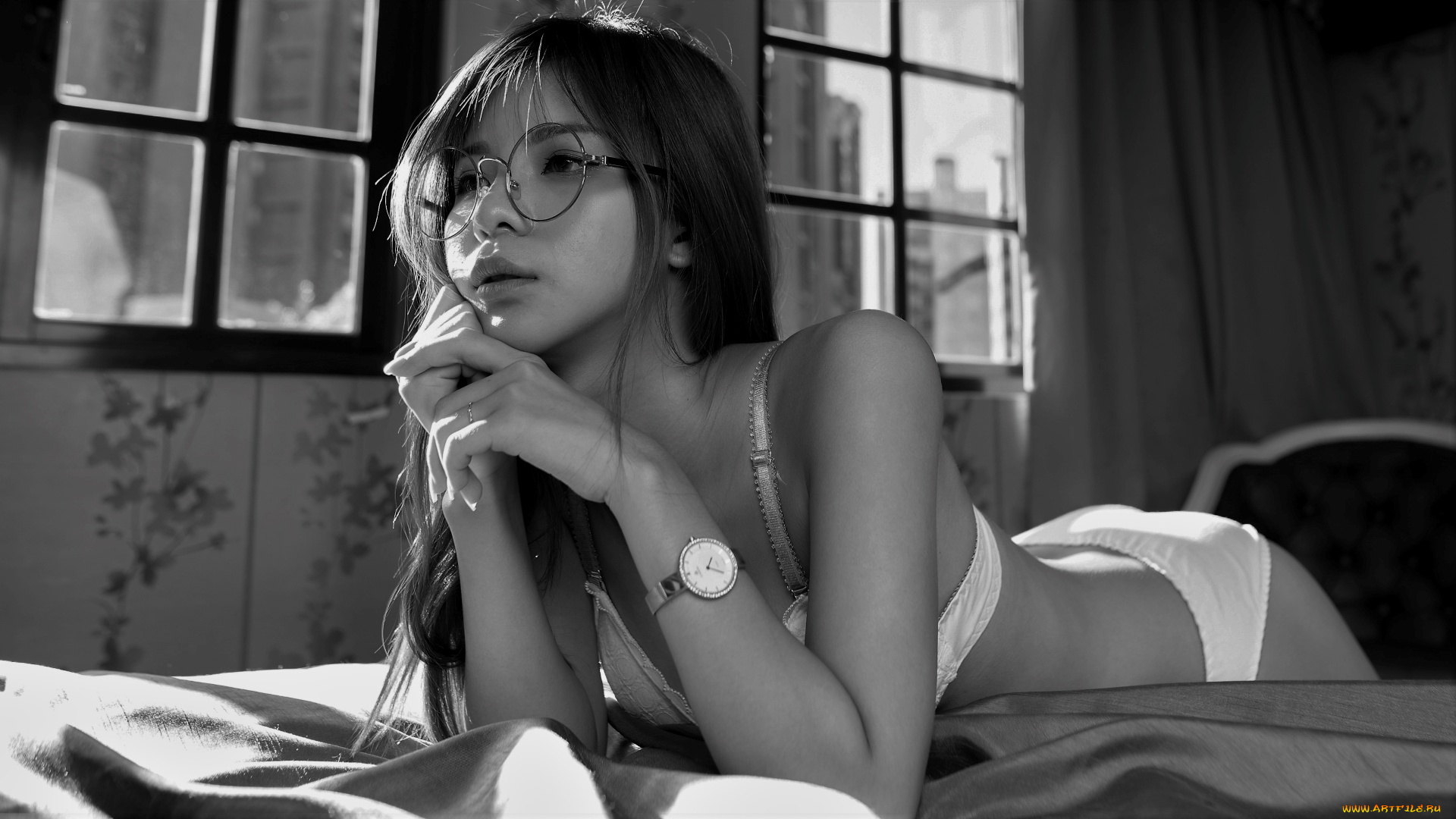 девушки, -, черно-белые, азиатка, очки, монохром