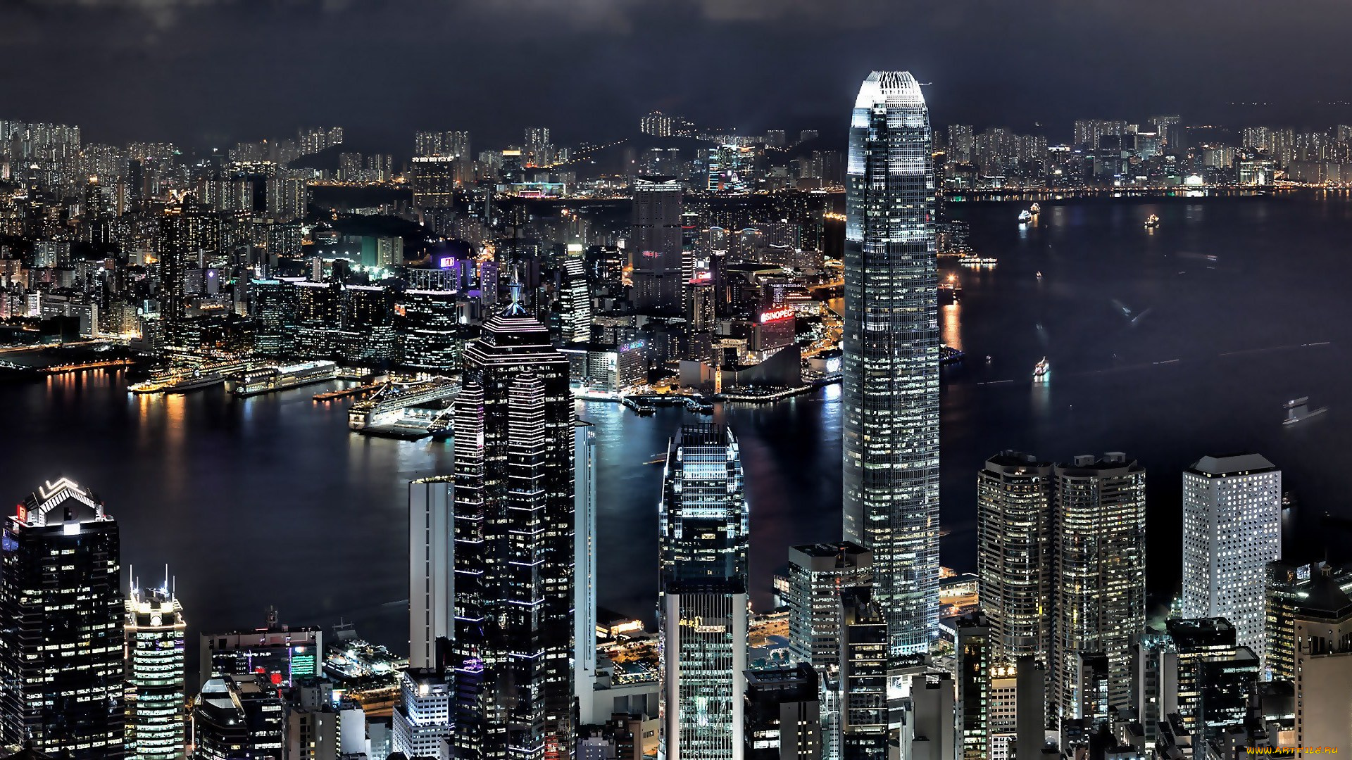города, гонконг, , китай, дома, здания, огни, река