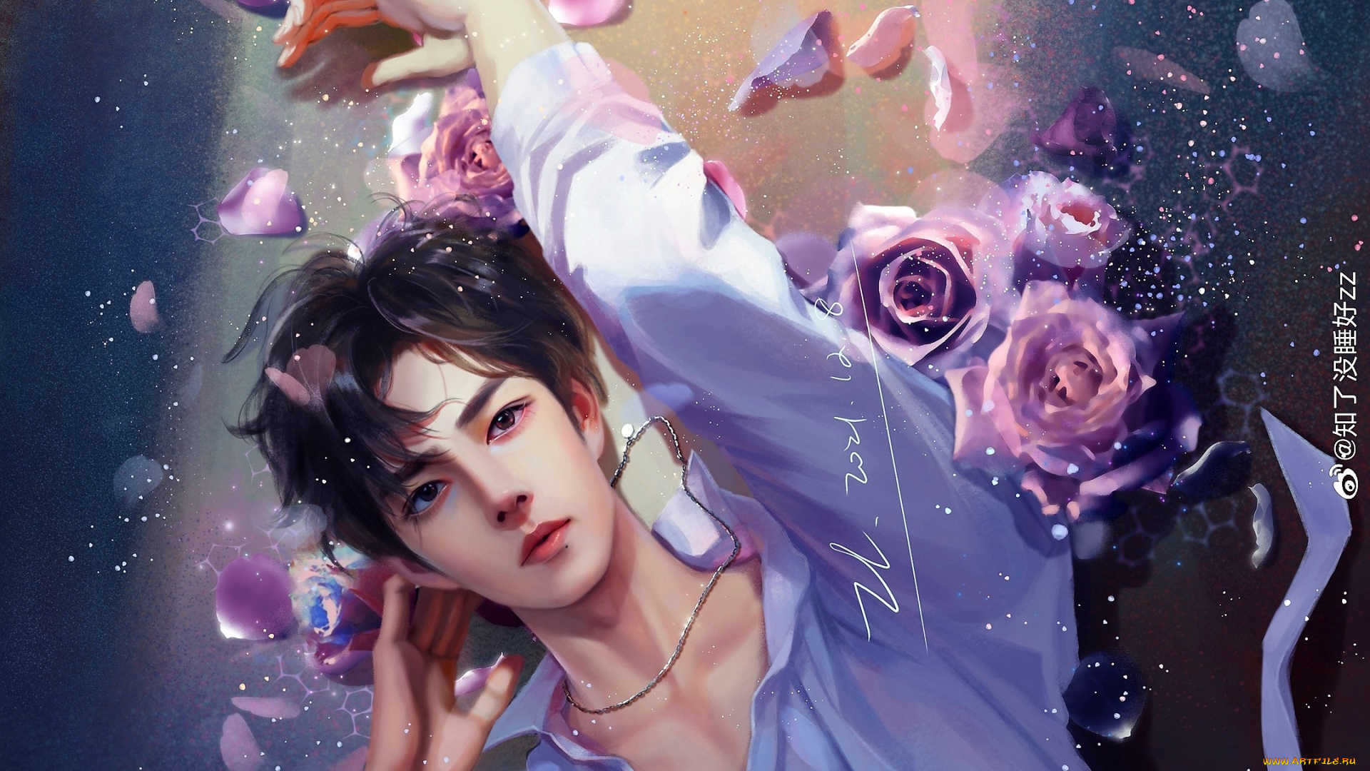 рисованное, люди, сяо, джань, рубашка, розы, лепестки