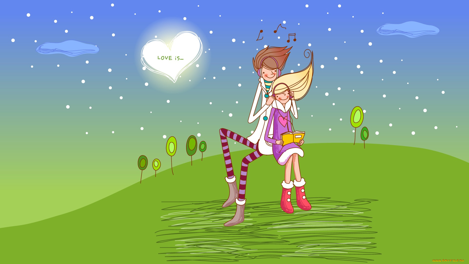 рисованное, праздники, пара, музыка, книга, любовь