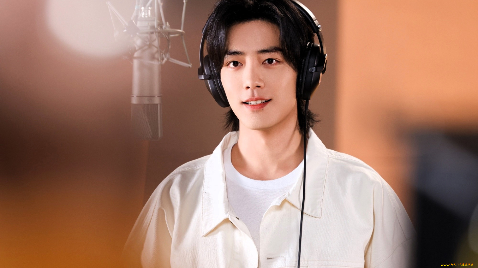 мужчины, xiao, zhan, актер, рубашка, наушники, микрофон, студия